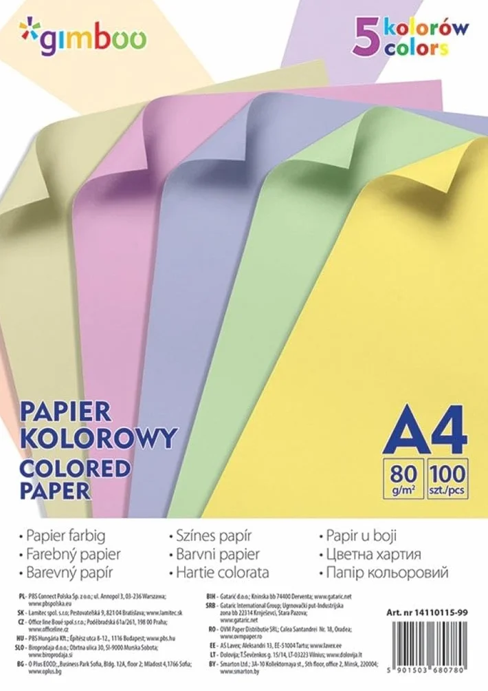 GIMBOO Kolorowy Papier A4 100 Arkuszy 80gsm 5 Kolorów Pastelowych - Etykiety/Typ-Pastelowy/Materiał-Papier/Kolor-Mix/Gramatura 80g/m2/Wymiary 210x297mm/Format-A4