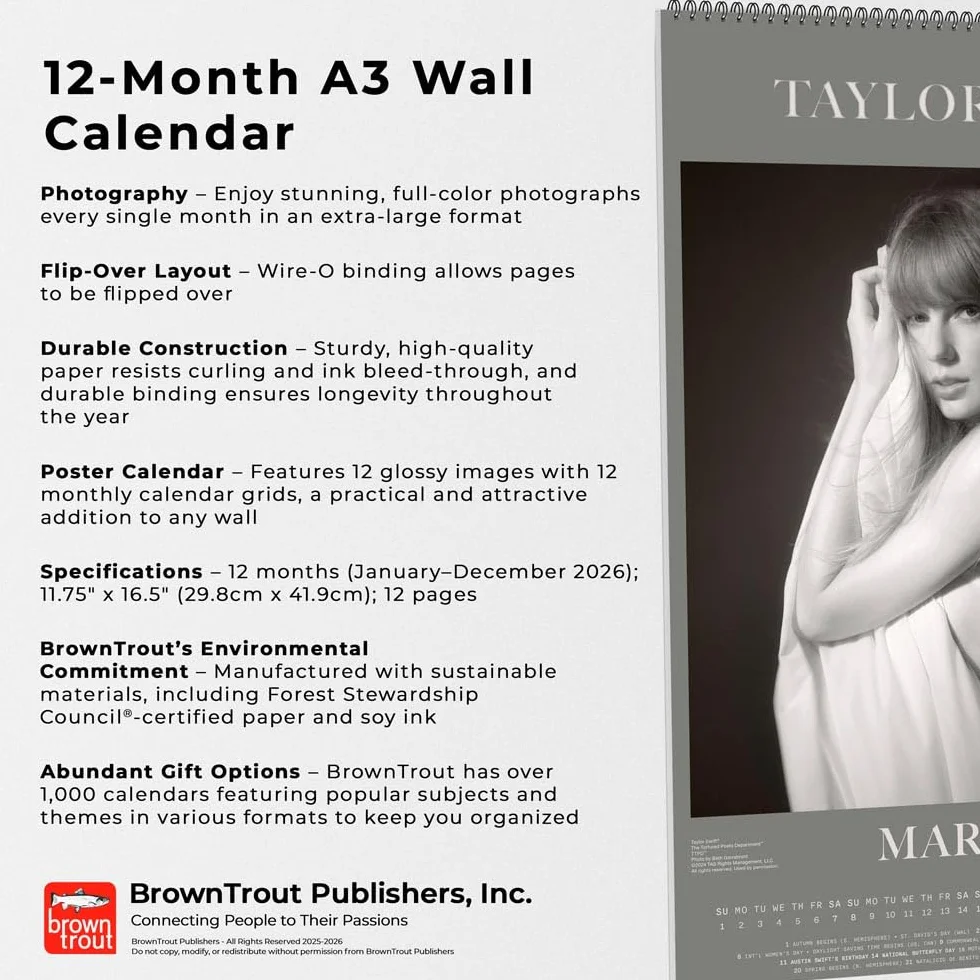 Taylor Swift OFFICIAL | 2026 11.7 x 16.5 Inch (Hanging) Monthly A3 Poster Wall Calendar