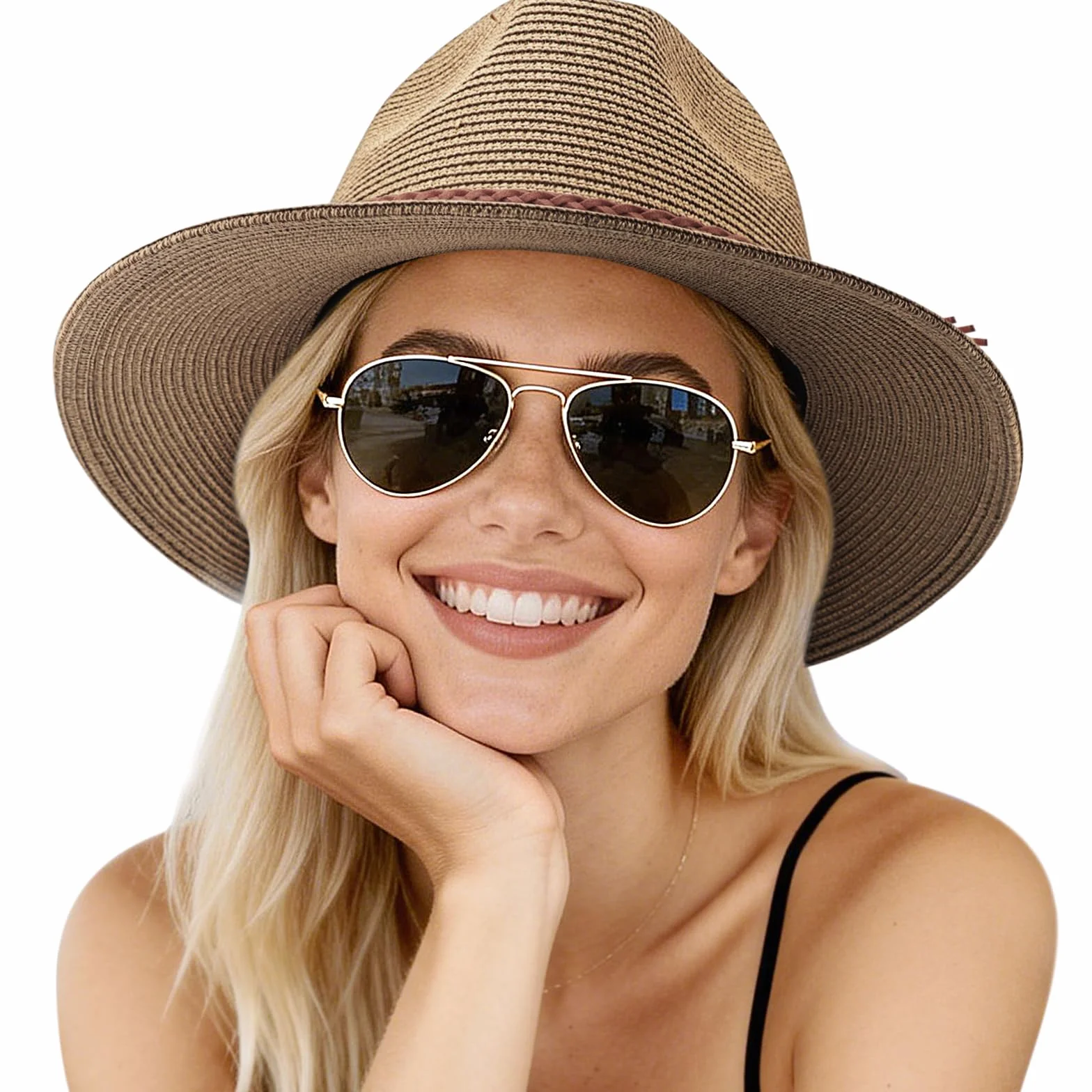 DRESHOW Damski słomkowy kapelusz typu panama Fedora Beach Sun Hat z szerokim rondem Roll-up Hat ze słomy UPF 50+