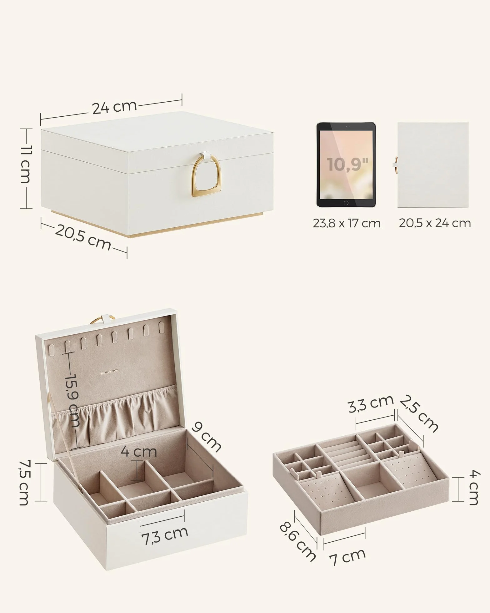 SONGMICS JBC165W01 Szkatułka na biżuterię, dwupoziomowa, organizer, z uchwytem, zdejmowana tacka, do przechowywania, efekt lewitacji, 20,5 x 24 x 11 cm, biała