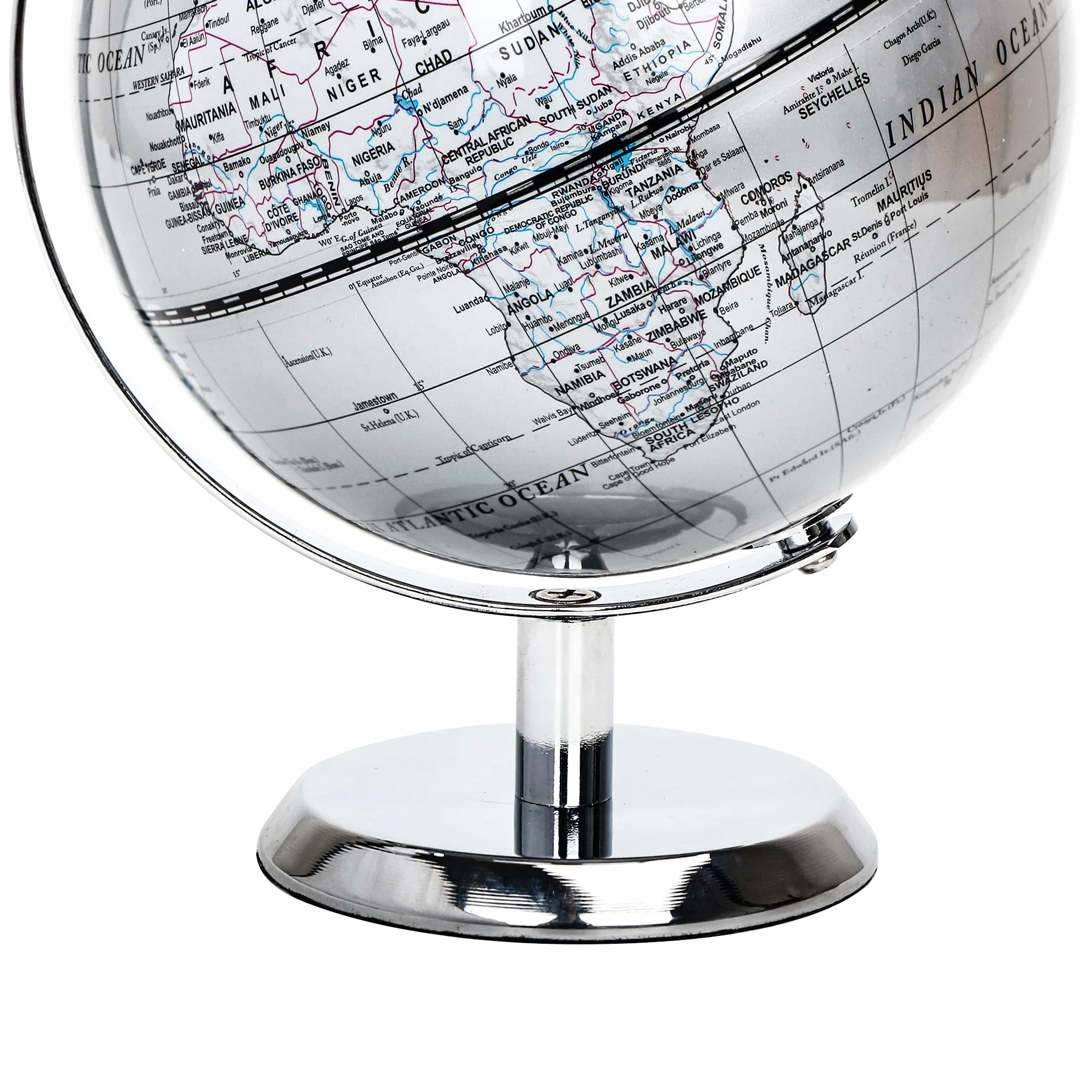 14 cm globus świata srebrny - mini globus edukacyjny/geograficzny/nowoczesna dekoracja biurka - łuk i podstawa ze stali nierdzewnej - srebrnoszary