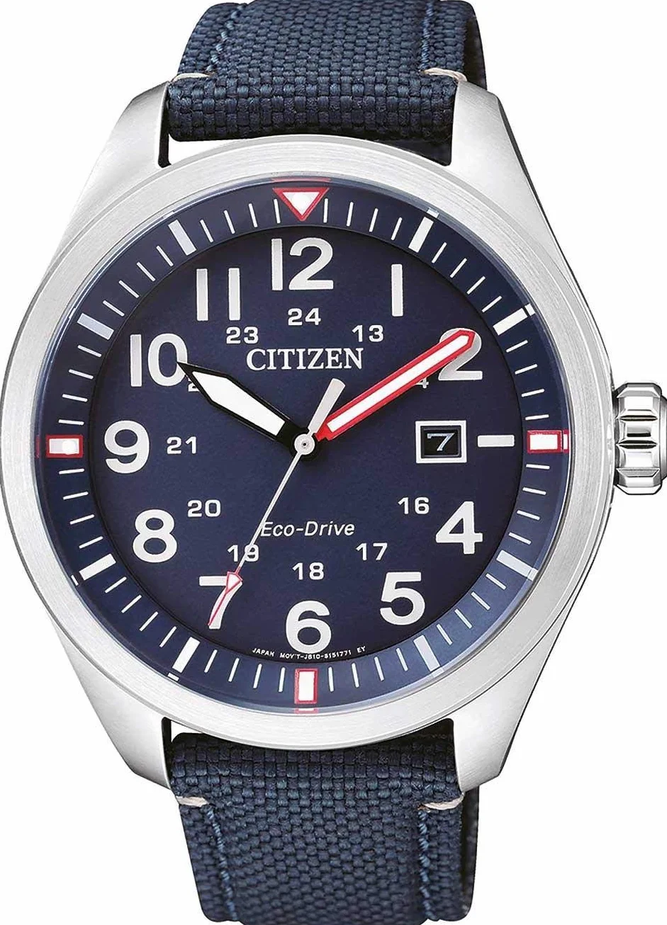 Citizen Męski analogowy zegarek kwarcowy Eco-Drive Aviator z nylonowym paskiem