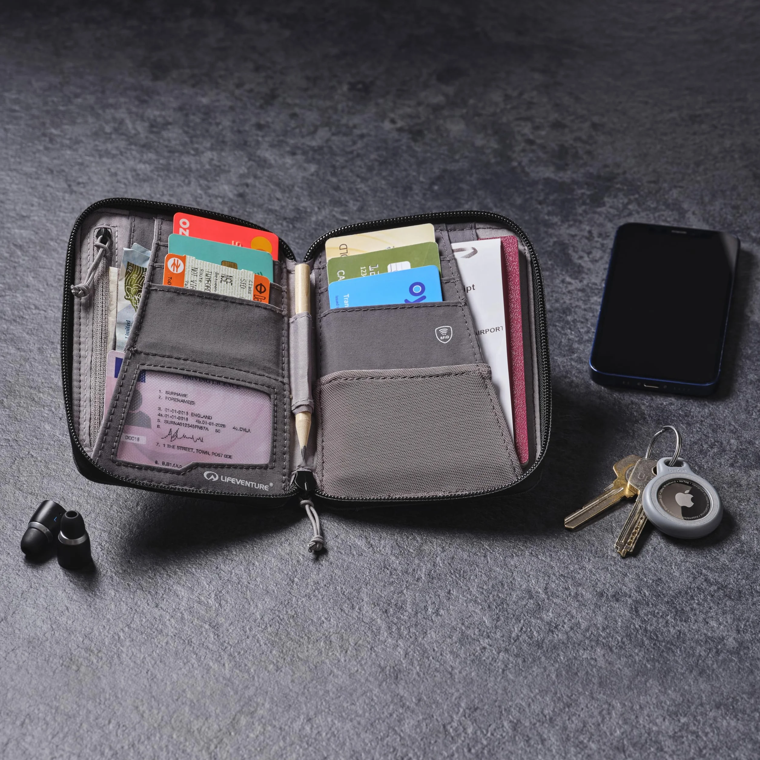 Lifeventure Mini portfel podróżny z ochroną RFID – składany portfel z zamkiem błyskawicznym i etui na paszport do podróży, przyjazny dla środowiska, materiał nadający się do recyklingu (szary)