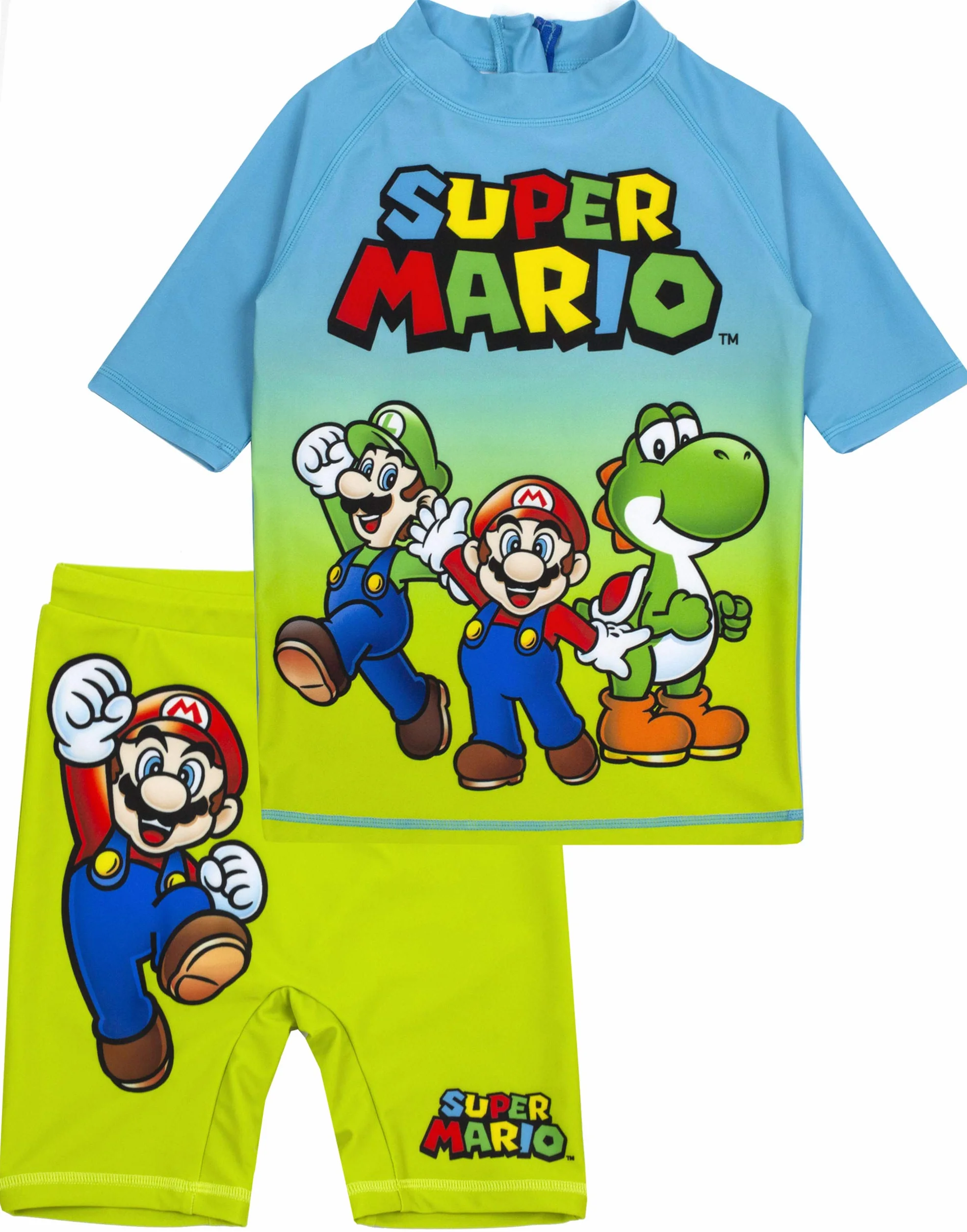 Super Mario Strój kąpielowy dla chłopców | niebiesko-zielony dwuczęściowy strój kąpielowy z szortami | dziecięcy kostium kąpielowy dla graczy UV50+ bezpieczny dla słońca