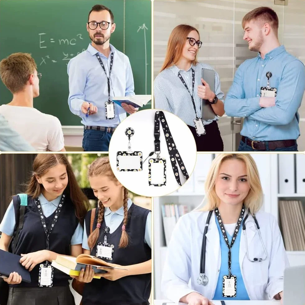 Vicloon Smycz z etui na legitymację, 2 etui na identyfikator z rozwijaną linką, odpinane, z klipsem i karabińczykiem, twarda osłona na dowód dla kobiet, pielęgniarek, nauczycieli, uczniów (stokrotki)