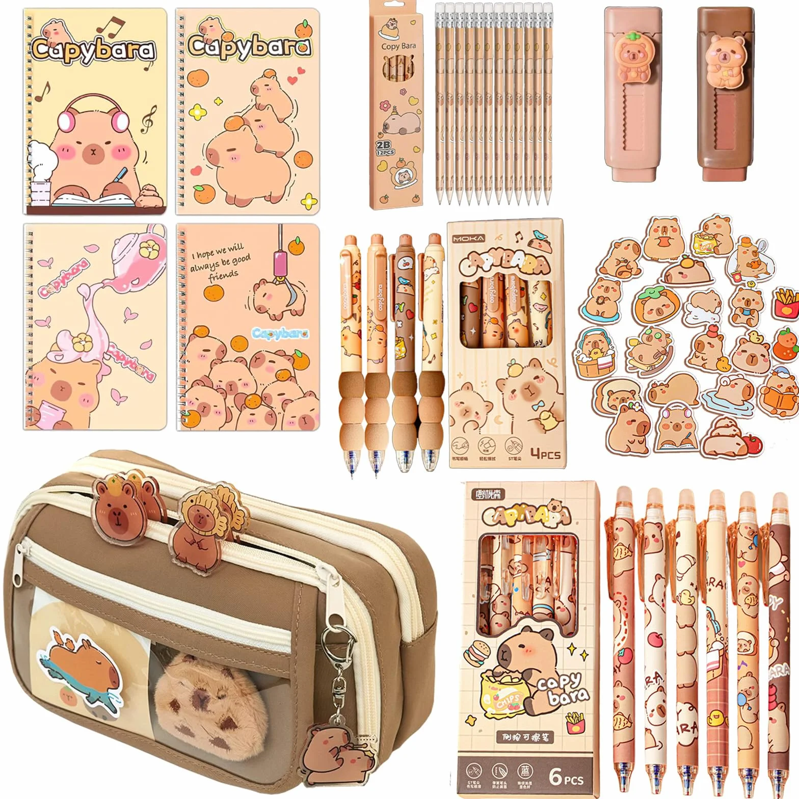 Capybara zestaw artykułów piśmienniczych – duży piórnik, 4 zeszyty spiralne A5, 10 długopisów kulkowych (2 style), 12 ołówków, 2 gumki, idealny prezent urodzinowy dla dzieci