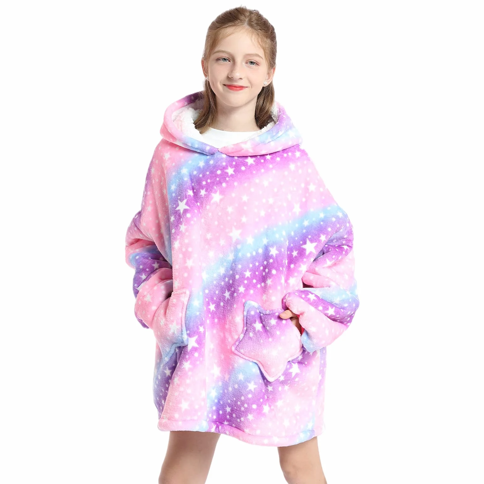 Wenlia Ponadwymiarowy koc z kapturem bluza dla dzieci, modna bluza z kapturem Sherpa nowość bluza dla dziewcząt, super ciepła flanelowa do noszenia na co dzień koc telewizyjny z kieszenią i rękawami - prezent dla córki, Fioletowy,