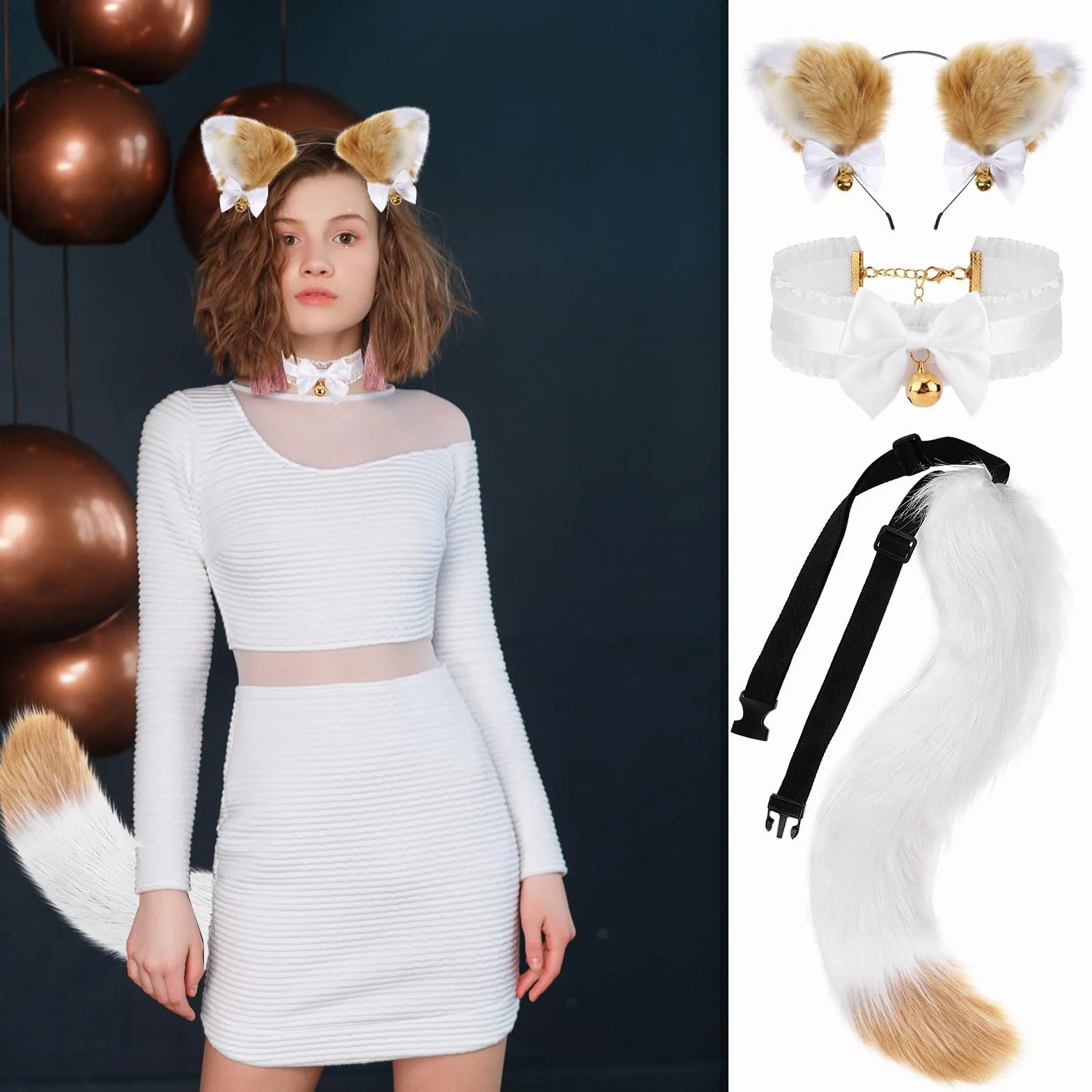 XEPST Zestaw kostiumów do cosplay, kocie uszy i ogon zwierzęcia, sztuczne futro, futrzany, lis, wilk, ogon, zestaw z uszami i dzwonkami, kołnierz do anime, fantazyjne przebrania na imprezę, Halloween,