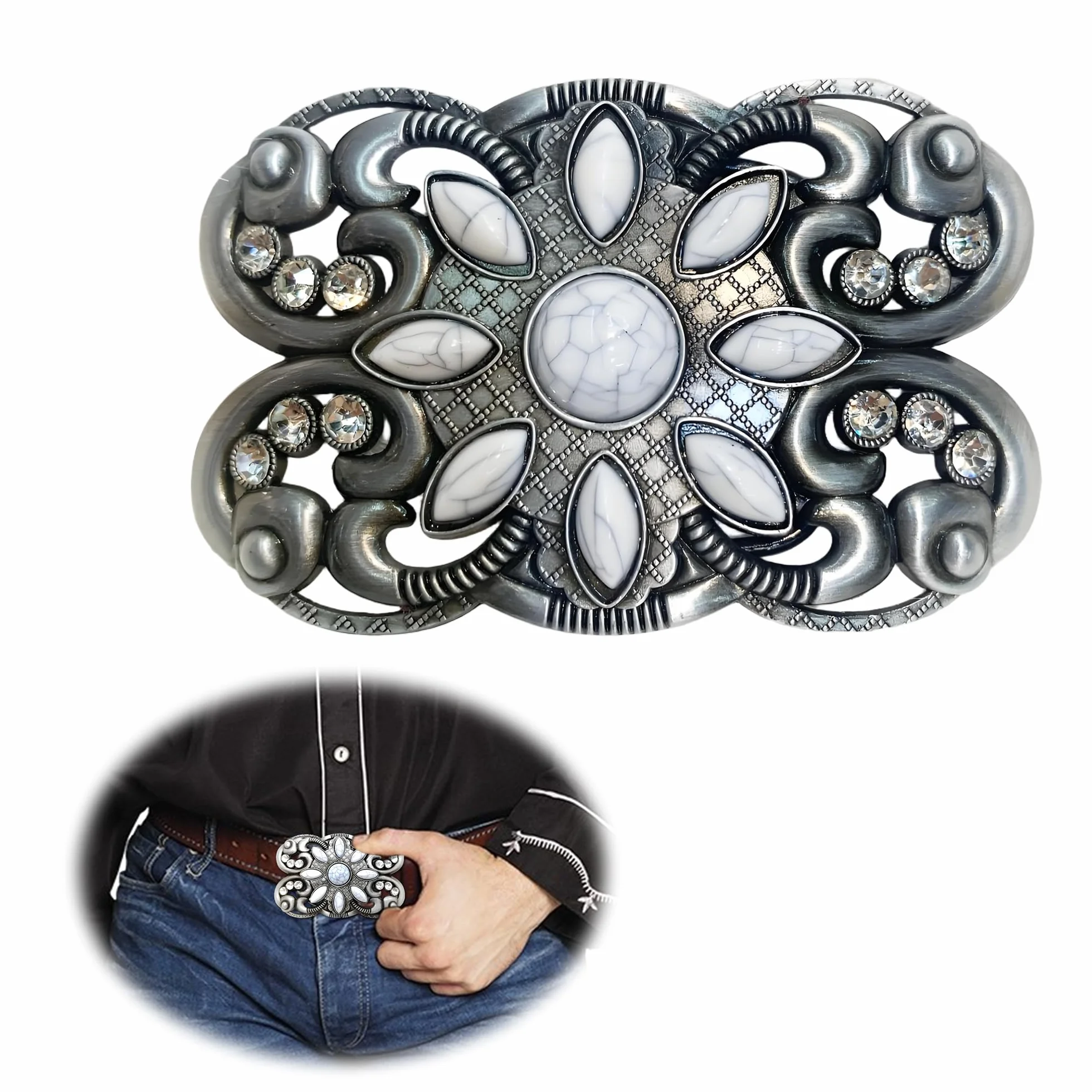 CHENNAN Vintage turkusowa kamienna klamra do paska 38 mm boho zachodnia klamra z turkusowym kamieniem owalna klamra z turkusowym kwiatem do garnituru kowbojskiego dla mężczyzn i kobiet