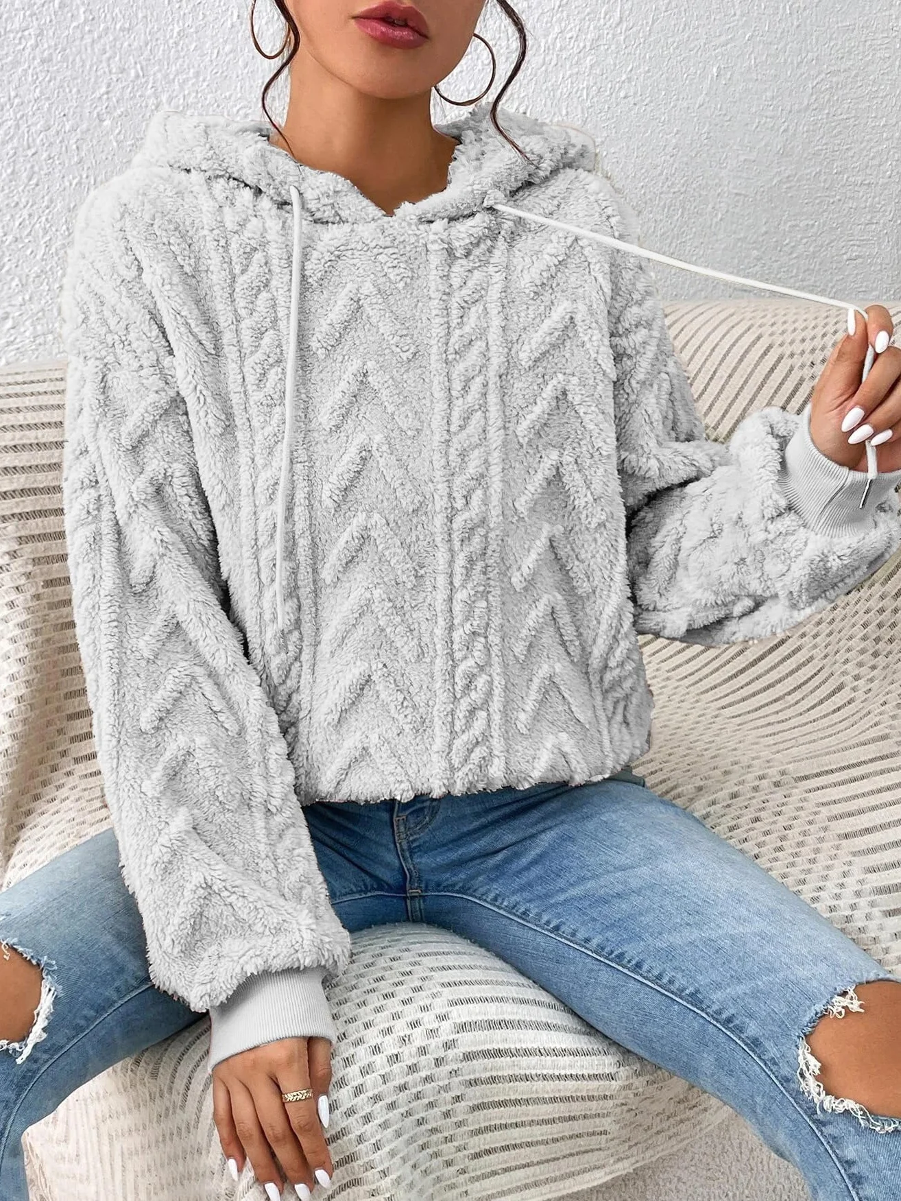Damska bluza z kapturem Teddy polarowa bluza z kapturem żakardowy pulower ze sznurkiem ciepły puszysty top na co dzień jednolity kolor sweter