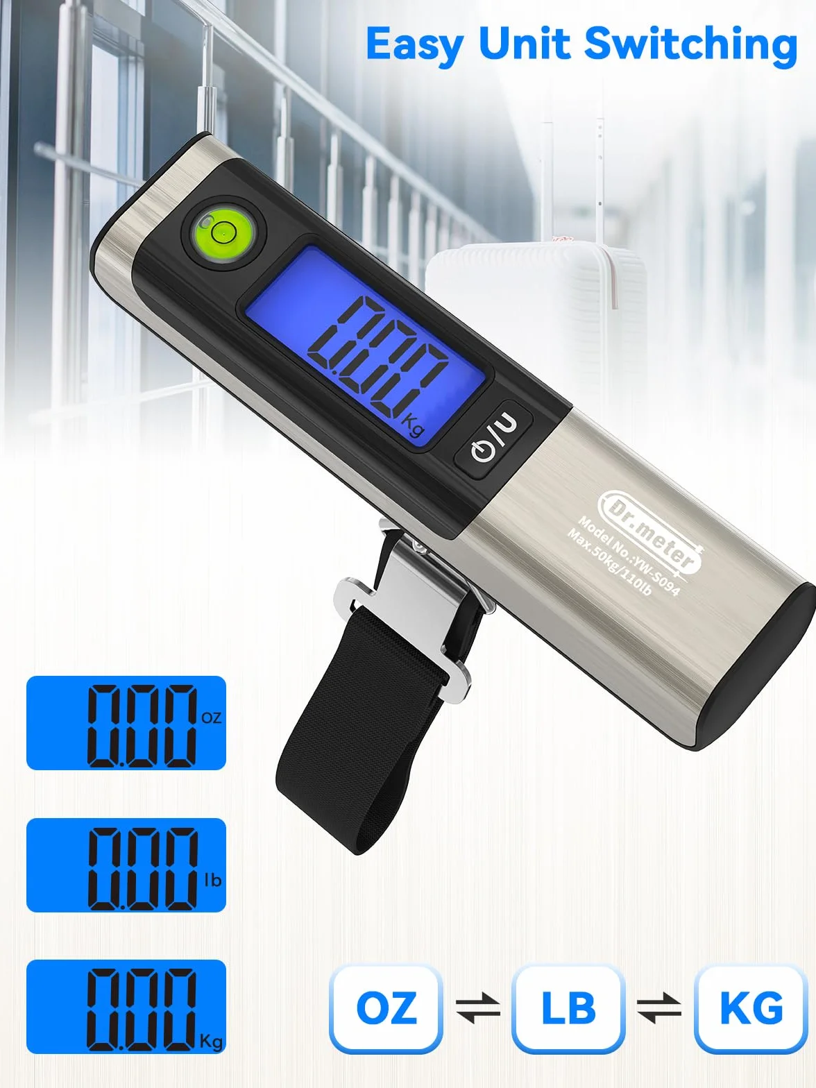 Dr.meter Waga podróżna z taśmą mierniczą, praktyczna cyfrowa waga bagażowa z hakiem (50 kg/110 lb) z wyświetlaczem LCD i ramieniem przeciążeniowym. Zintegrowana taśma miernicza do podróży wraz z