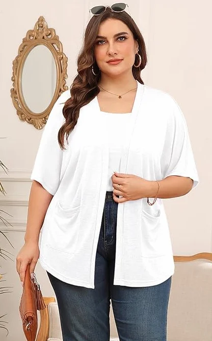 Yommay Kardigany dla kobiet lato krótki rękaw otwarty przód damski elegancki kardigan lekki casual odzież wierzchnia z kieszeniami