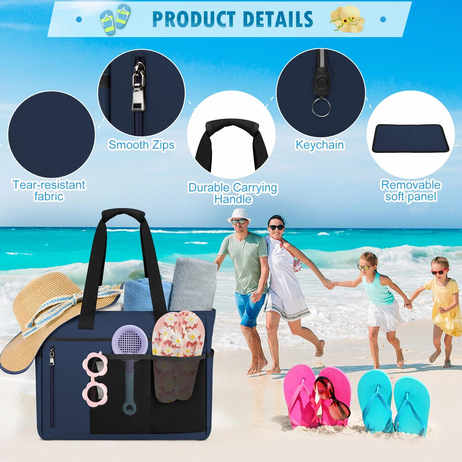 RAINSMORE Torba plażowa XXL, rodzinna torba kąpielowa, z zamkiem błyskawicznym, duża, damska, wodoszczelna, z siateczki, 40 l, damska torba do pływania, na plażę, podróże