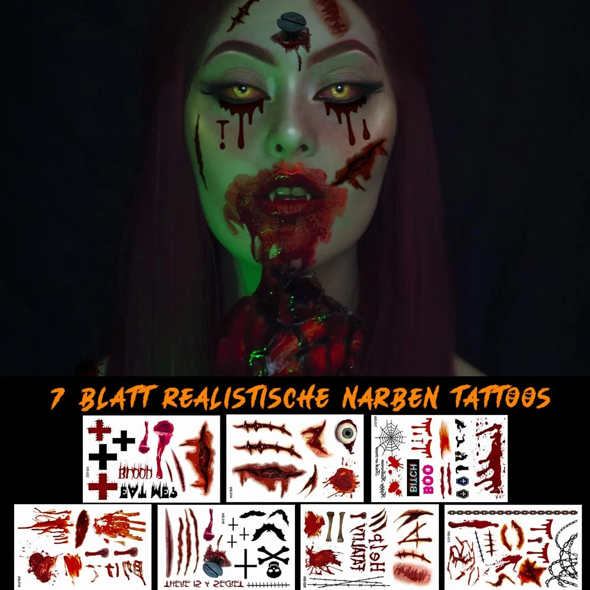 Tatuaże na Halloween, 10 arkuszy, kostium na Halloween dla kobiet i mężczyzn, tatuaż na twarz, zombie, wampir, czarownice, akcesoria do makijażu, blizny, rany, pająki