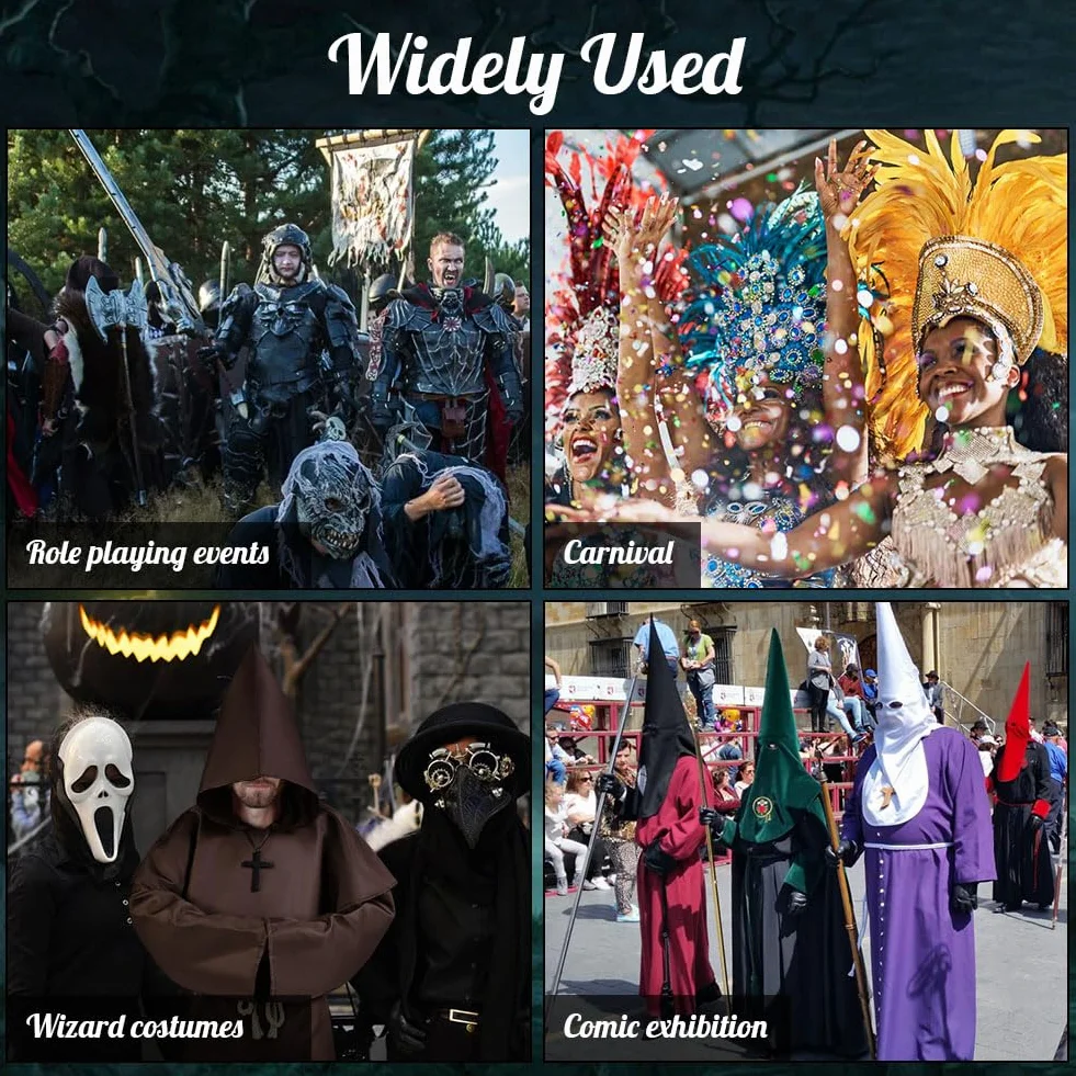 Aomig Szata mnicha, męska, czapka mnicha, średniowieczna peleryna, klasyczny kostium, kaptur, renesansowy, szata kapłana, na Halloween, karnawał, kostium Cosplay (rozmiar XL ~ XXL, czarny, brązowy)