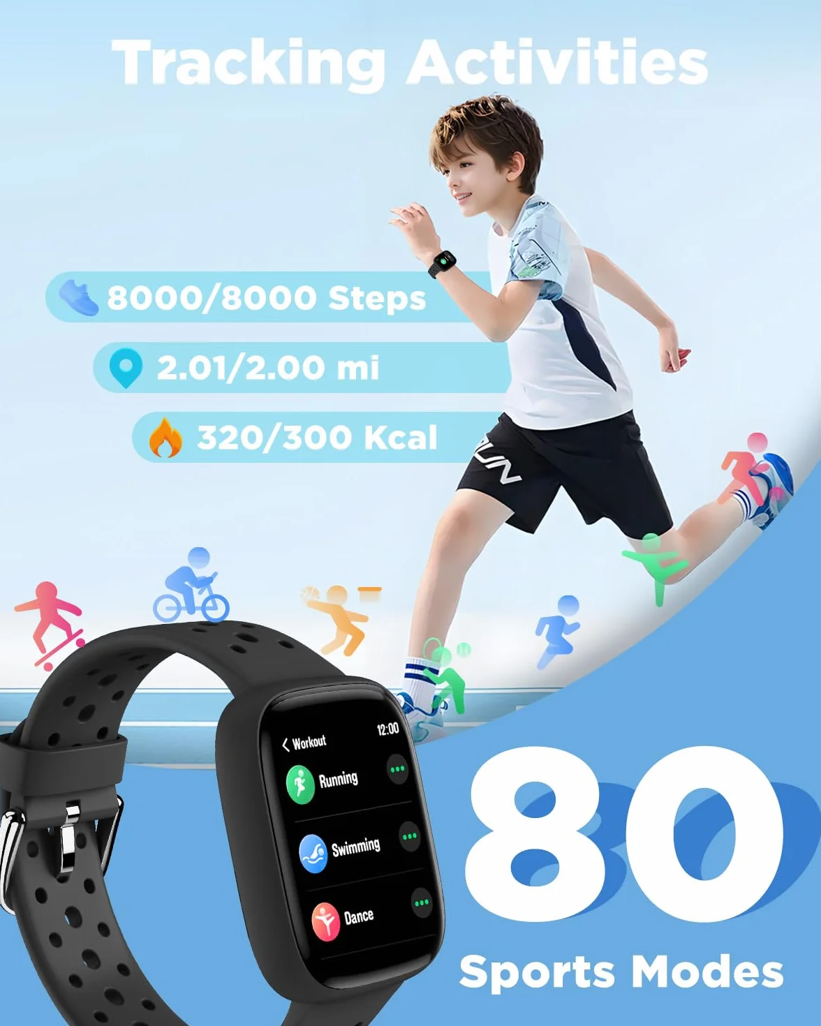 BIGGERFIVE Smartwatch dla dzieci, 1,8" zegarek fitness z krokomierzem, 24/7 pomiar tętna, monitorowanie snu, alarm wibracyjny, klasa wodoszczelności IP68, gry logiczne z/bez aplikacji, dla dziewczynek