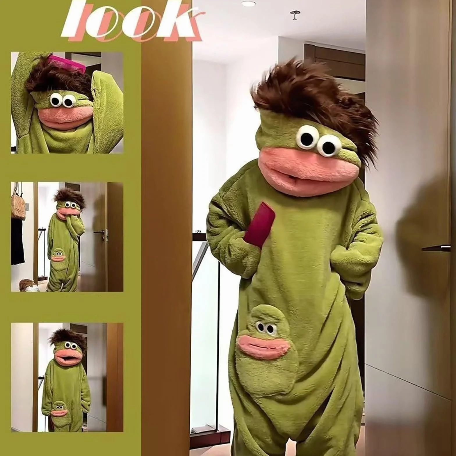 Adult Silly Monster Onesie Pajamas Unisex Big Mouth Goofy Hooded Plush One Piece Loungewear Warm Soft Animal Costume Sleepwear with Hood and Pockets