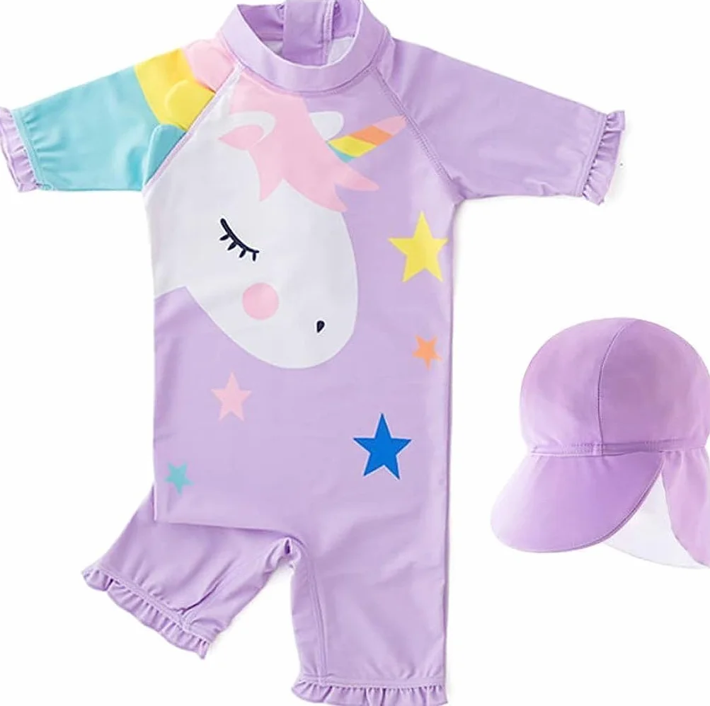WYTbaby Kostium kąpielowy dla dziewczynek, jednoczęściowy, z długim rękawem, z czepkiem UV, dla dziewczynek w wieku 1-7 lat