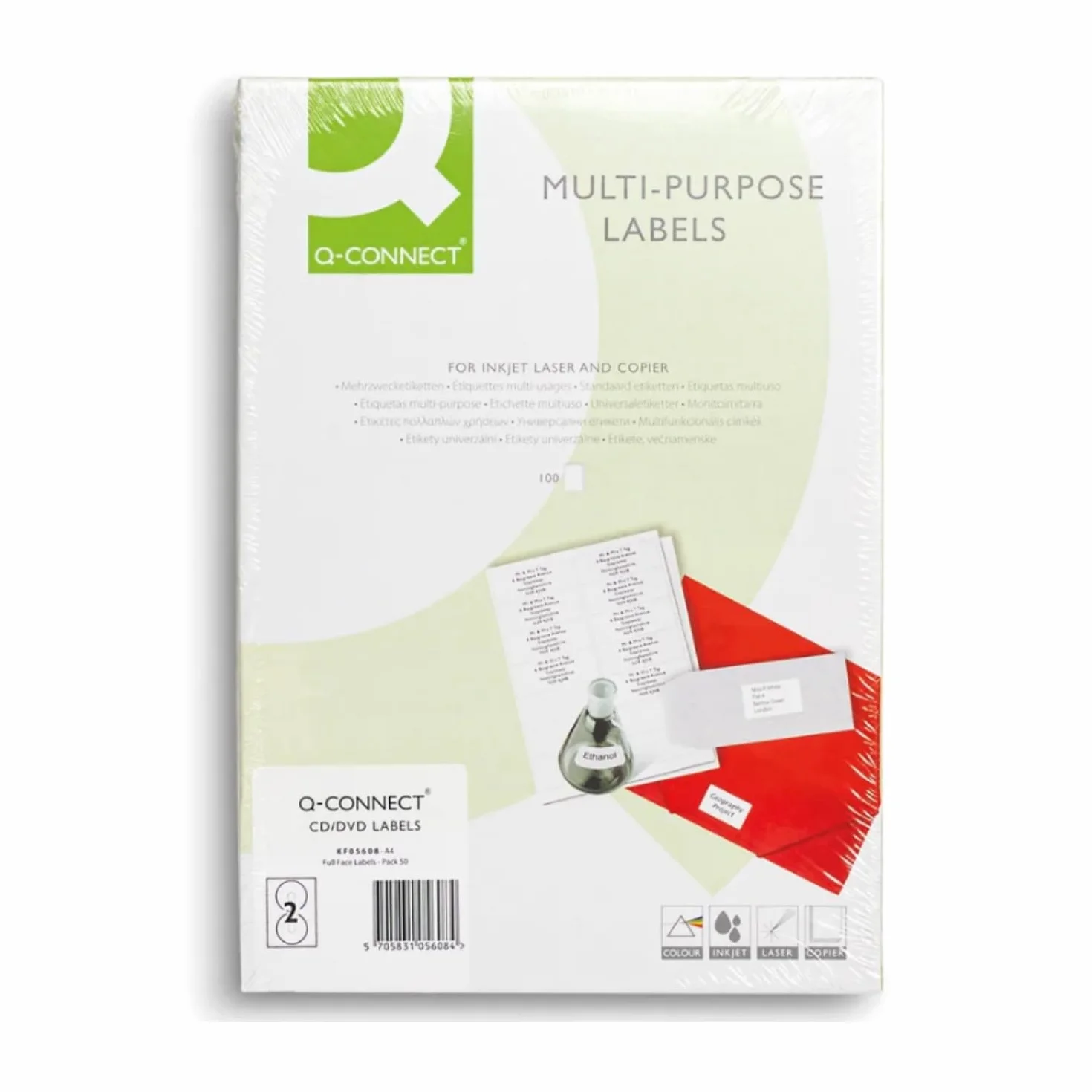 Q-Connect Etykiety pełnotwarzowe na płyty CD/DVD 117 mm średnica x 50 2 na arkusz białe (opakowanie 100 szt.) KF05608