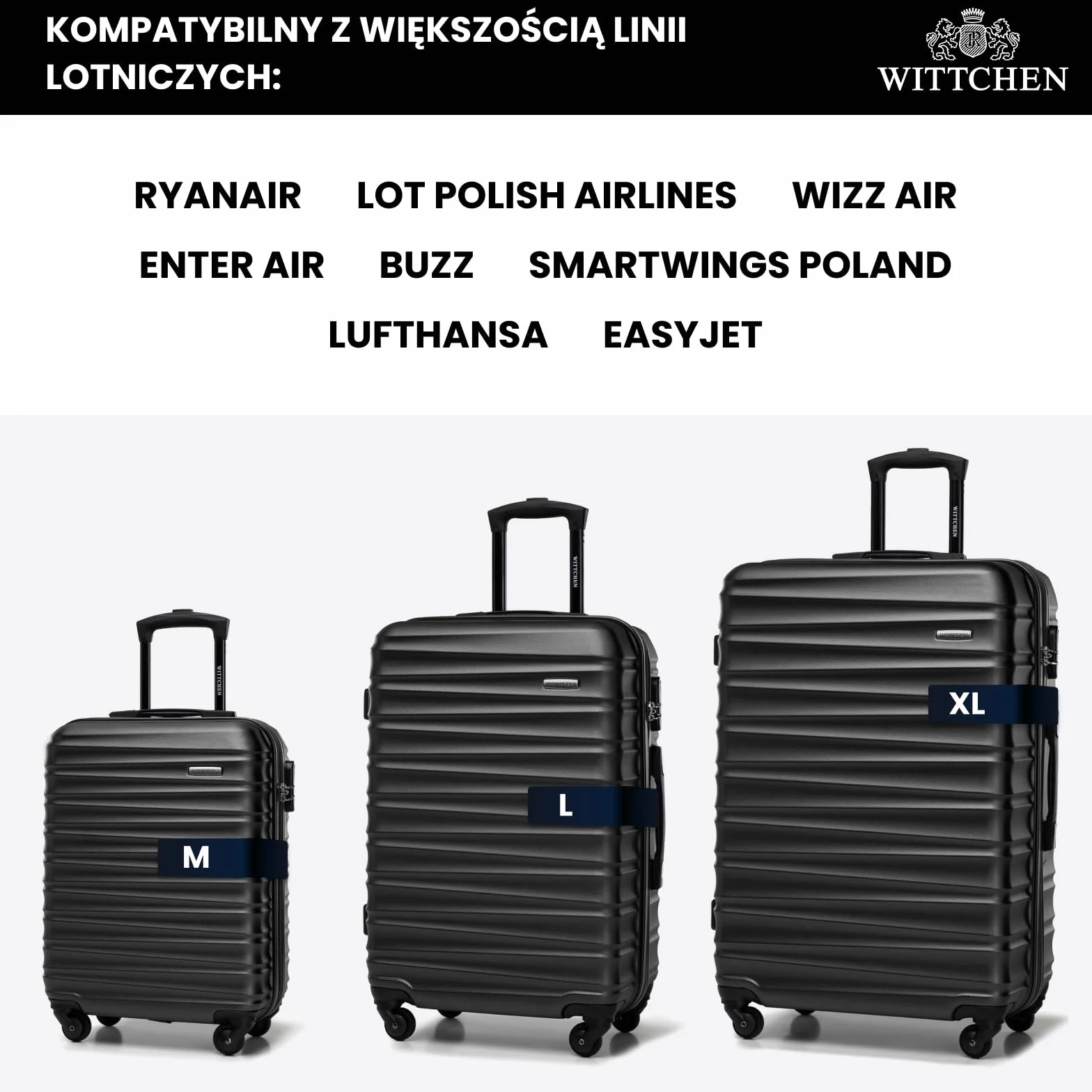 WITTCHEN GROOVE Line Mała walizka Walizka kabinowa Bagaż podręczny Bagaż kabinowy Twardy bagaż ABS Zamek szyfrowy Teleskopowa rączka 4 obrotowe kółka Rozmiar S Czarny