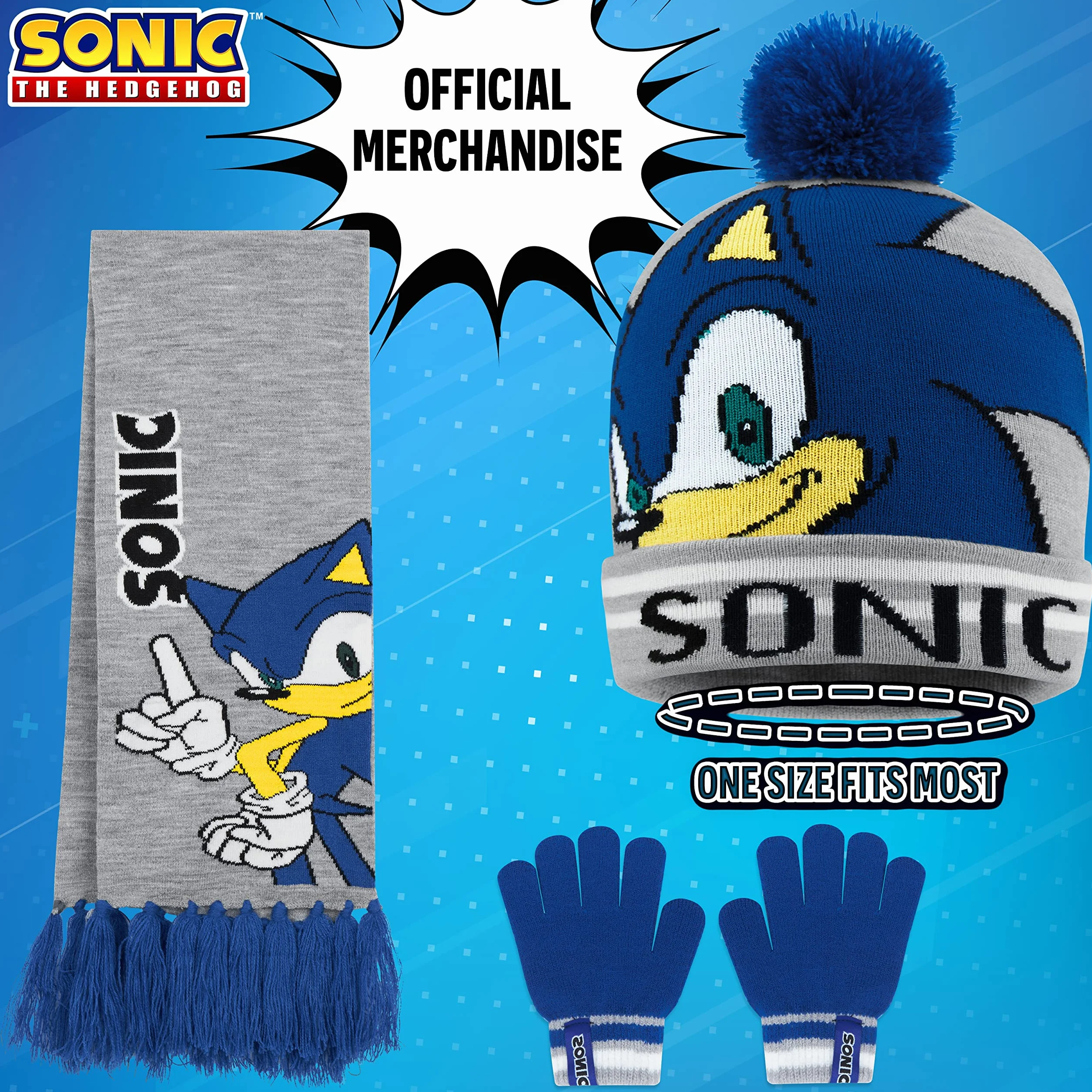 SONIC THE HEDGEHOG Czapka beanie szalik i rękawiczki zestaw dla chłopców