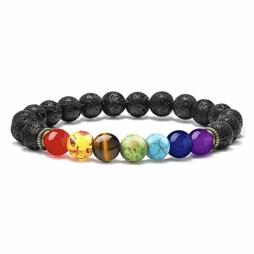 LATRAT BRANSOLETKA 7 czakr kamienie naturalne, koraliki 7 czakr, bransoletka z kamienia naturalnego 8 mm, bransoletka damska i męska elastyczna bransoletka, One Size, kamień wulkaniczny
