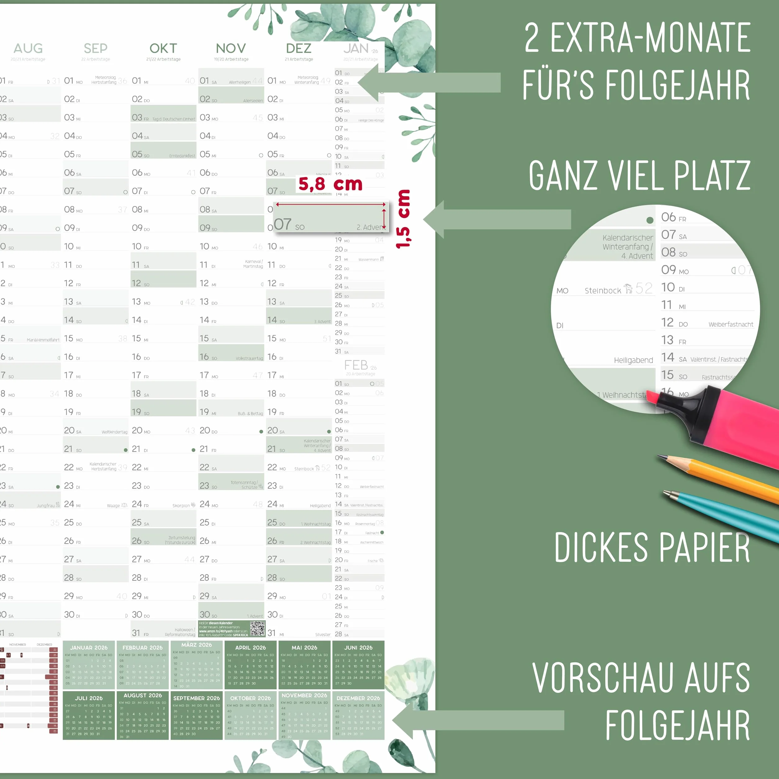 Kalendarz ścienny XXL, eukaliptus, planer roczny DIN A1+, 89 x 63 cm, planer ścienny 2025 w stylu eukaliptusa, składany, kalendarz roczny 2025, domowy, planer rodzinny, kalendarz biurowy na 16