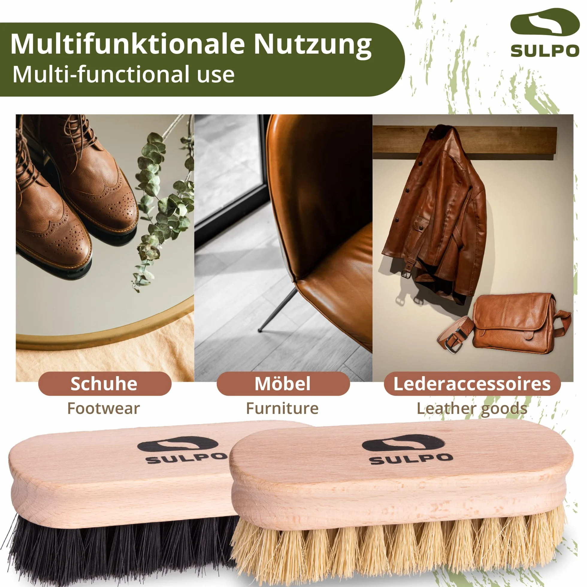 SULPO Zestaw szczotek do butów z miękkim włosiem - Szczotki do czyszczenia i polerowania obuwia - Zestaw 2 sztuki - Kolor naturalny i czarny 12 cm