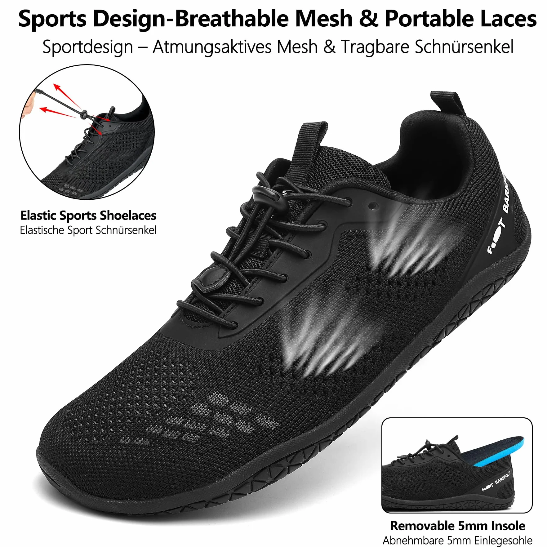 Geweo Buty Barefoot Męskie i Damskie Lekkie Wygodne Buty Sportowe Treningow z Szeroką Skrzynią na Palce Oddychające Buty do Biegania, do CrossFit i Fitness, Świeżym Powietrzu Sport Unisex Czarny 43EU