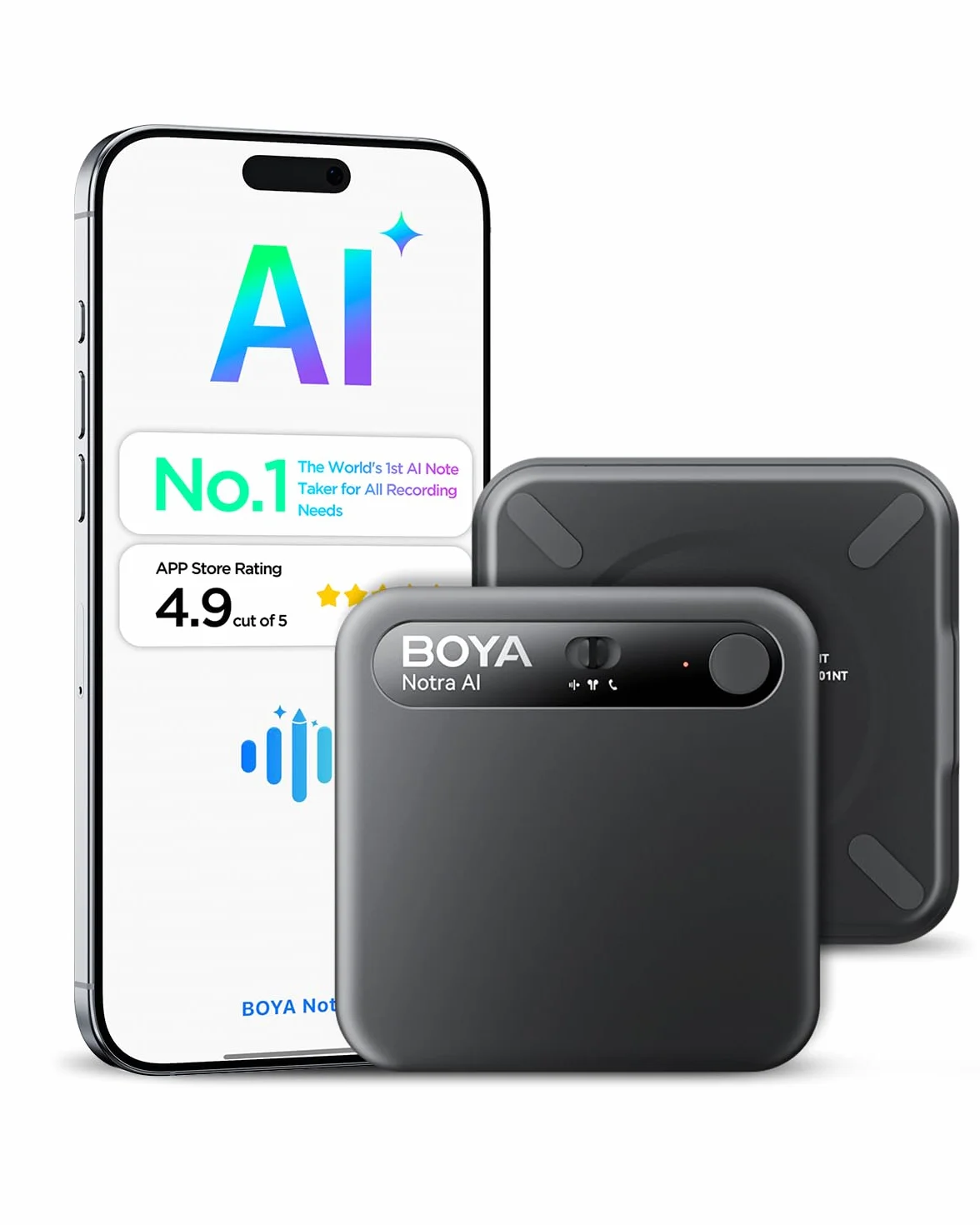 BOYA Notra AI Voice Recorder, 3 tryby przechwytywania – atmosfera/rozmowy telefoniczne/Bluetooth, transkrypcja AI i inteligentne podsumowanie, obsługa ponad 140 języków, 64 GB pamięci, magnetyczny