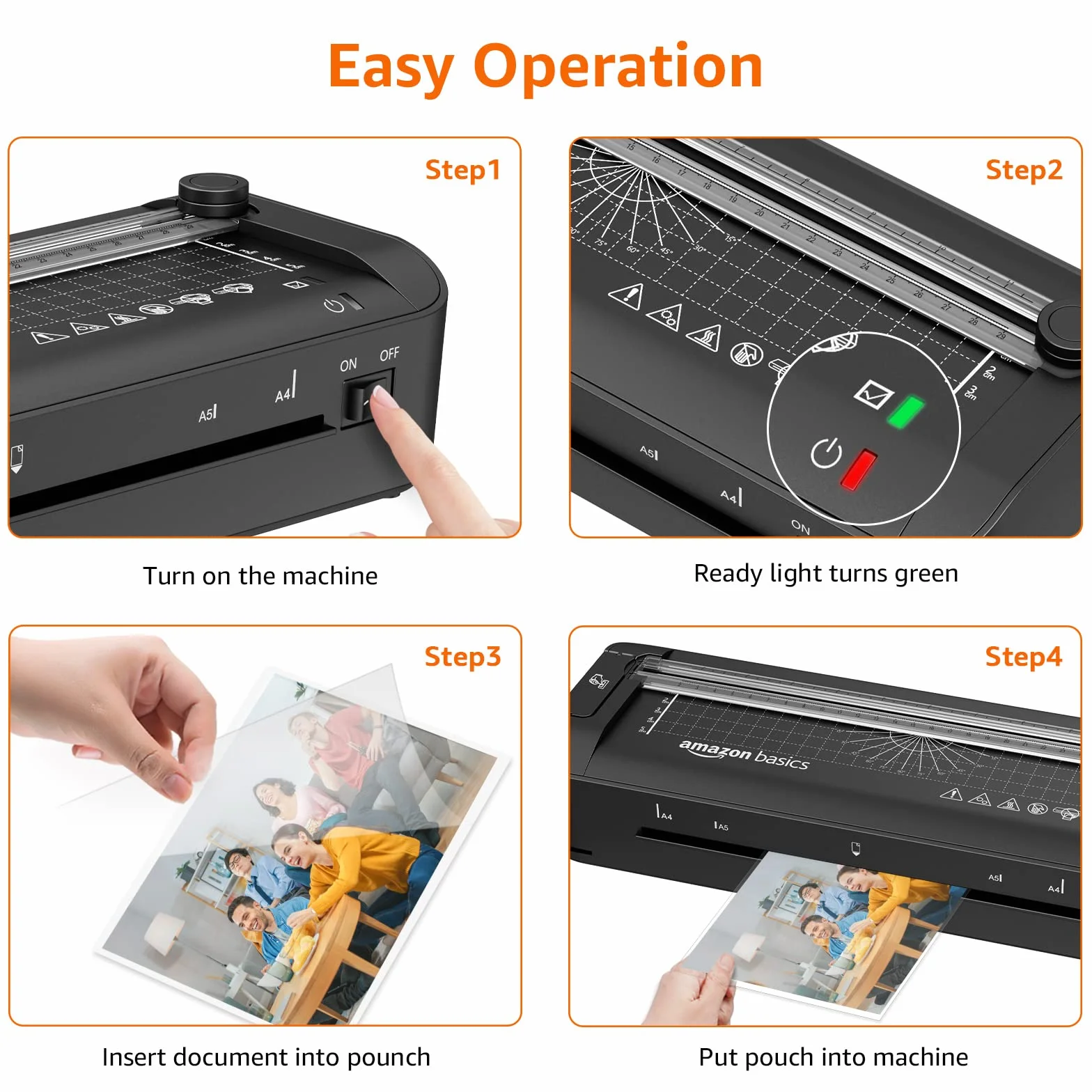 Amazon Basics Laminator termiczny 3 w 1 do formatu A4 z funkcjami cięcia, dziurkowania i zaokrąglania narożników, zawiera 10 koszulek, wtyczkę EU, czarny