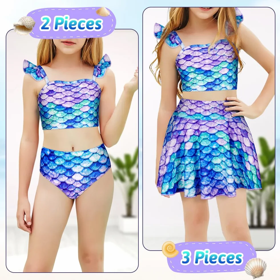 3-częściowy strój kąpielowy dla dziewczynek, dziewczęcy strój kąpielowy z falbankami, letni krótki top spódnica strój kąpielowy bikini, hawajski zestaw sportowy na plażę lato cosplay
