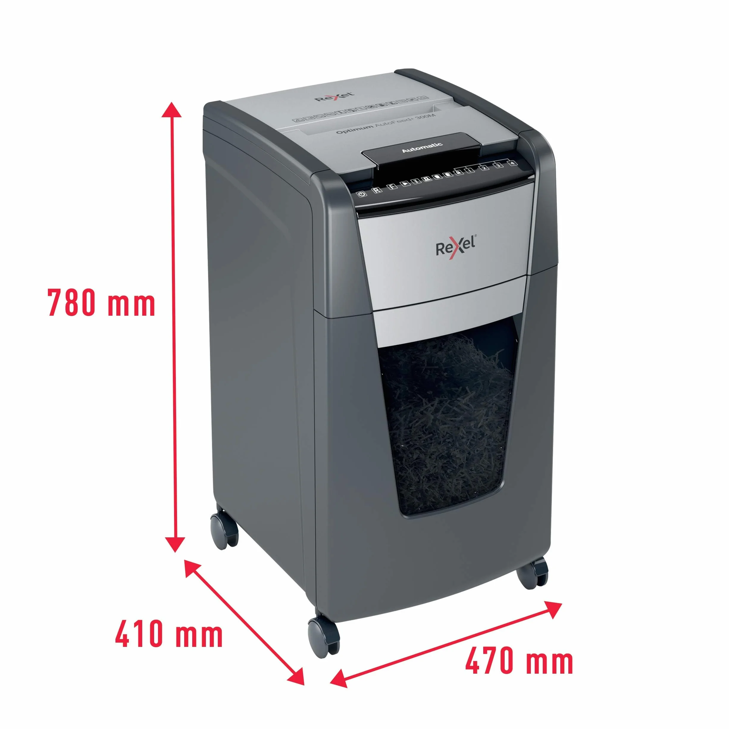 Rexel Optimum Auto Feed+ Automatyczna Niszczarka do Papieru, 300 Arkuszy, Bezpieczeństwo P-5, Tnie na Mikrościnki, do Małego Biura, 60 L, na Kółkach, 2020300M