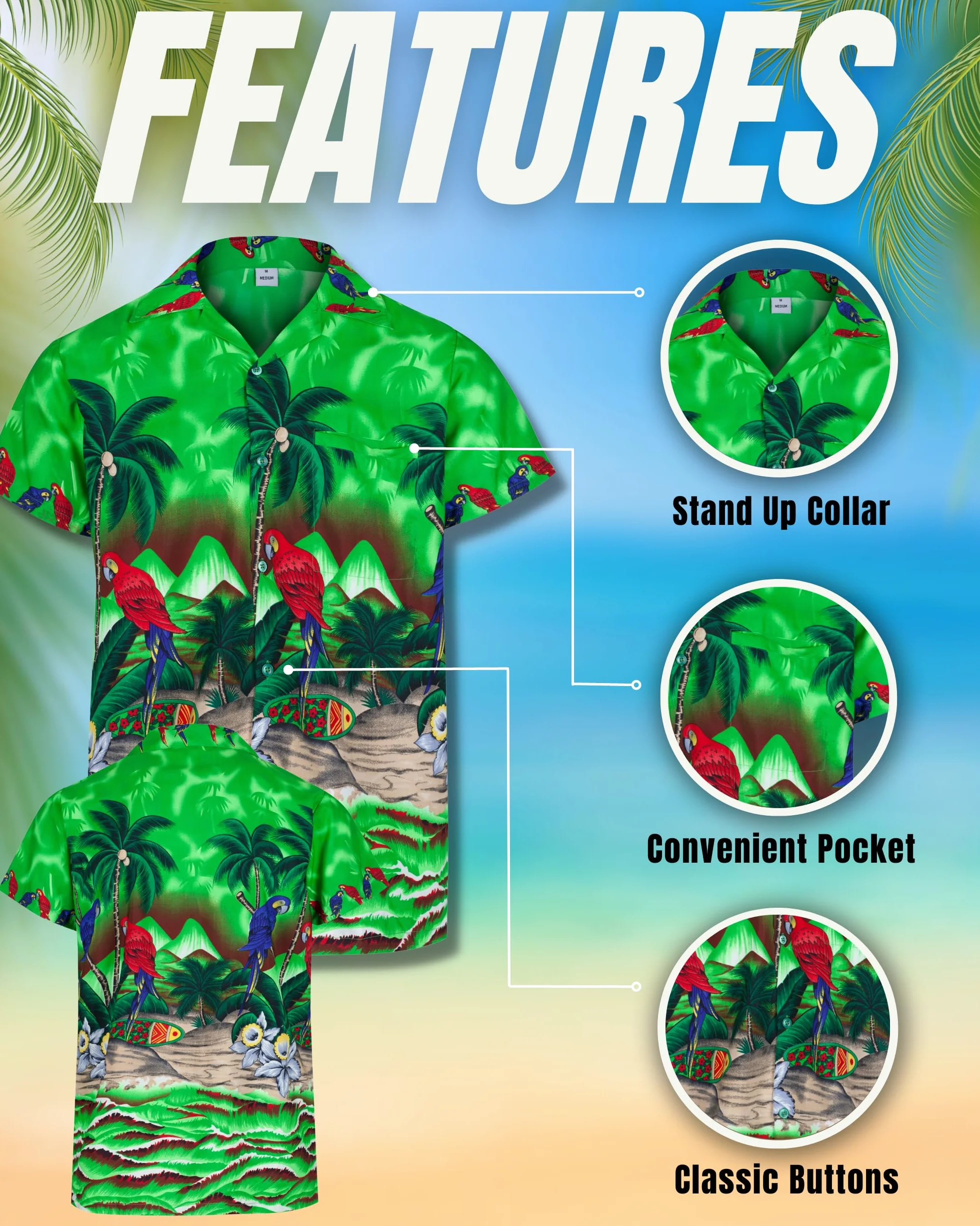REDSTAR Hawaiian Shirts for Men a Short Sleeve Button Down Mens Shirt - Parrot and Palm Tree Beach Tropical - Mens Summer Dress