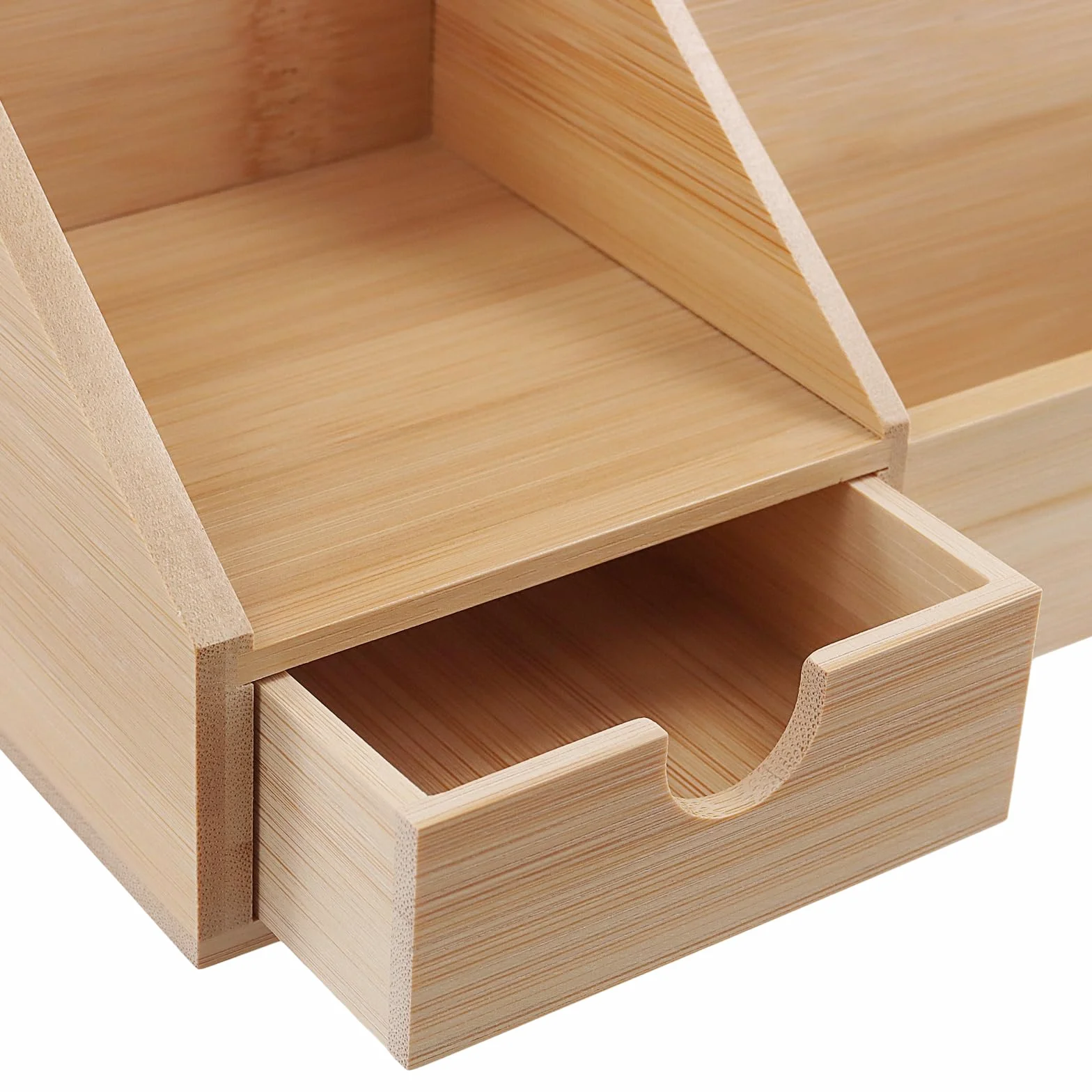 SINJEUN Drewniany organizer na biurko, organizer biurowy z szufladą i uchwytem na długopisy, bambusowy pojemnik na długopisy, półka na biurko, 24,5 x 15 x 11 cm