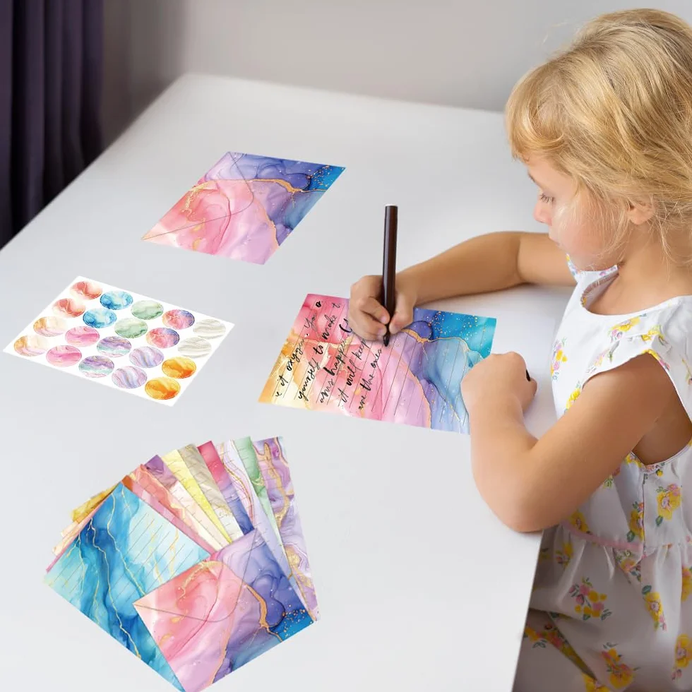Zestaw 160 sztuk papieru listowego z kopertą, 50 A5 akwarelowe linie i 50 kopert, kolorowe papier listowy dla dziewcząt, z 60 naklejkami na listy, kartki z życzeniami, zaproszenia i