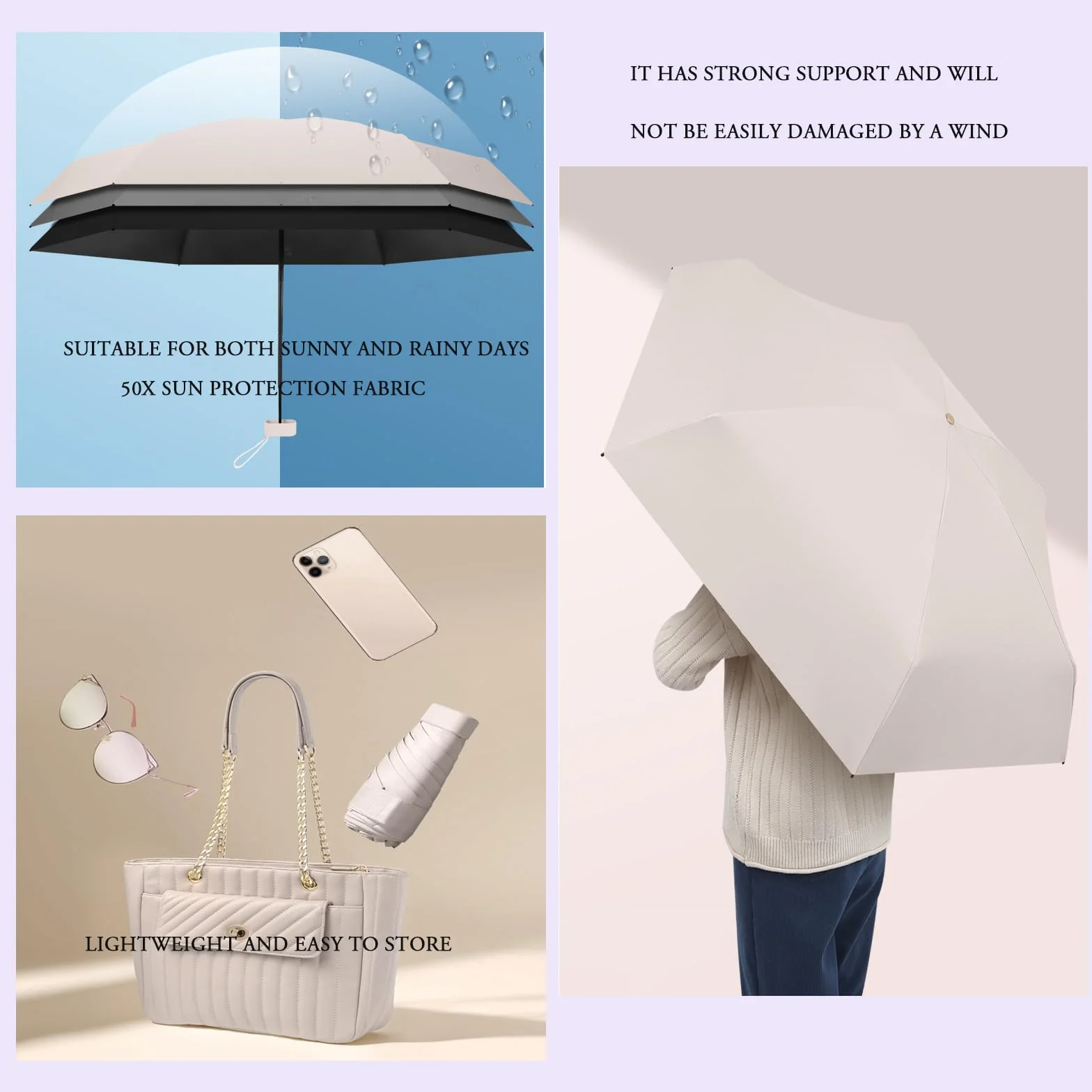Mini składany parasol podróżny, ochrona przed promieniowaniem UV, UPF 50+, przenośny parasol przeciwdeszczowy i przeciwsłoneczny do codziennego użytku, ekologiczny portfel z tkaniny, parasol