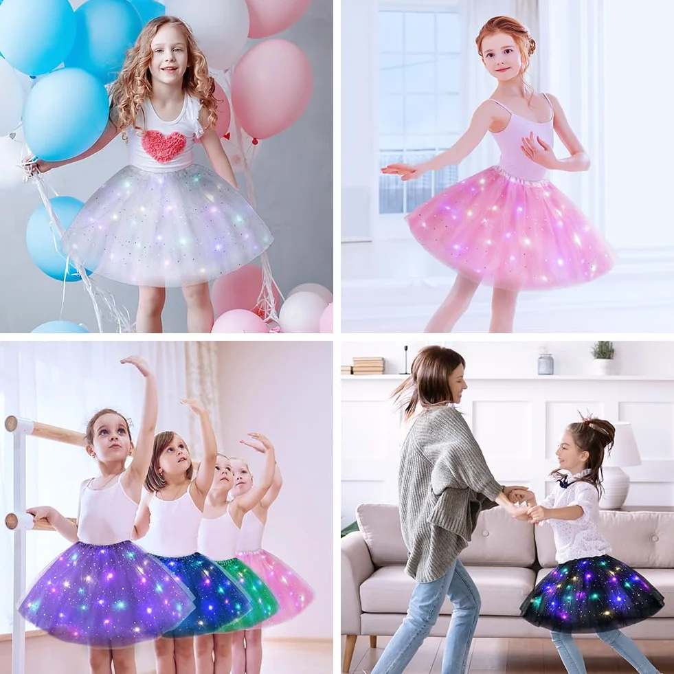 Dziewczęce spódnice tutu, ze światłem LED, tiulowa spódnica tutu z podszewką, pogrubiona, balet, imprezy taneczne, fantazyjna, elastyczna sukienka festiwalowa, na Halloween, Boże Narodzenie