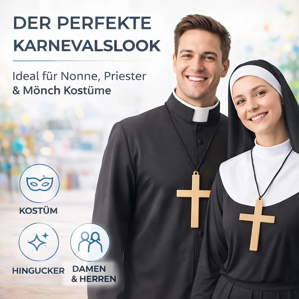Naszyjnik z krzyżem XXL z dużym krzyżem jako dodatek do kostiumu na karnawał dla kobiet i mężczyzn zakonnica ksiądz mnich duchowny