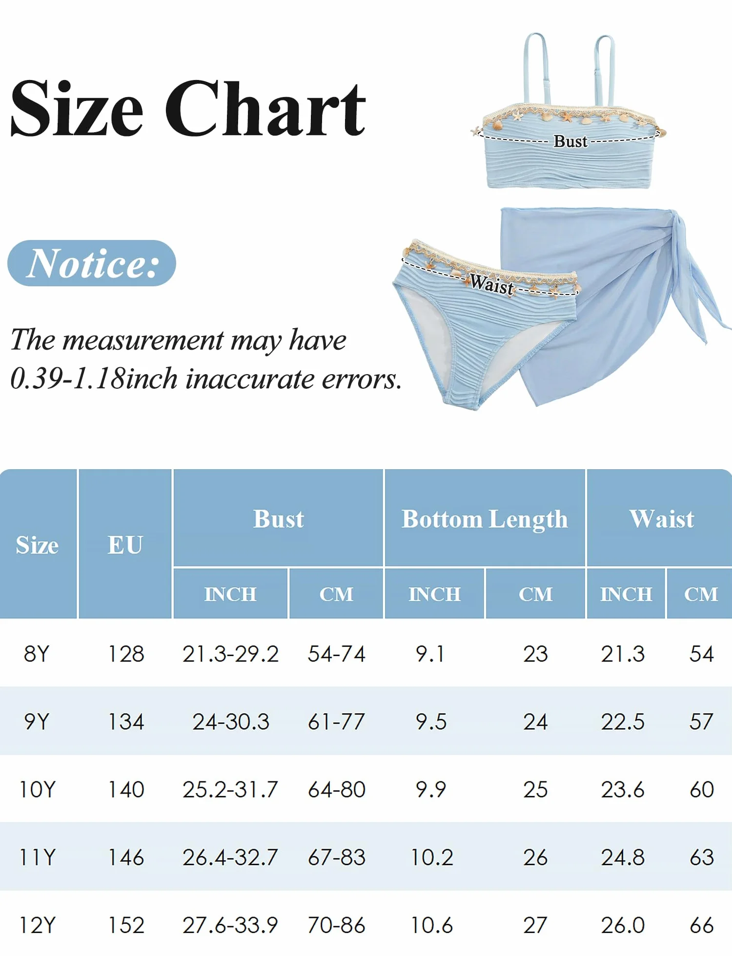 SEAUR Dziewczęcy zestaw bikini ze spódnicą z siateczki, 3-częściowy kostium kąpielowy, modny, muszla, moda kąpielowa, wyściełany, strój kąpielowy dla dzieci w wieku 8-12 lat