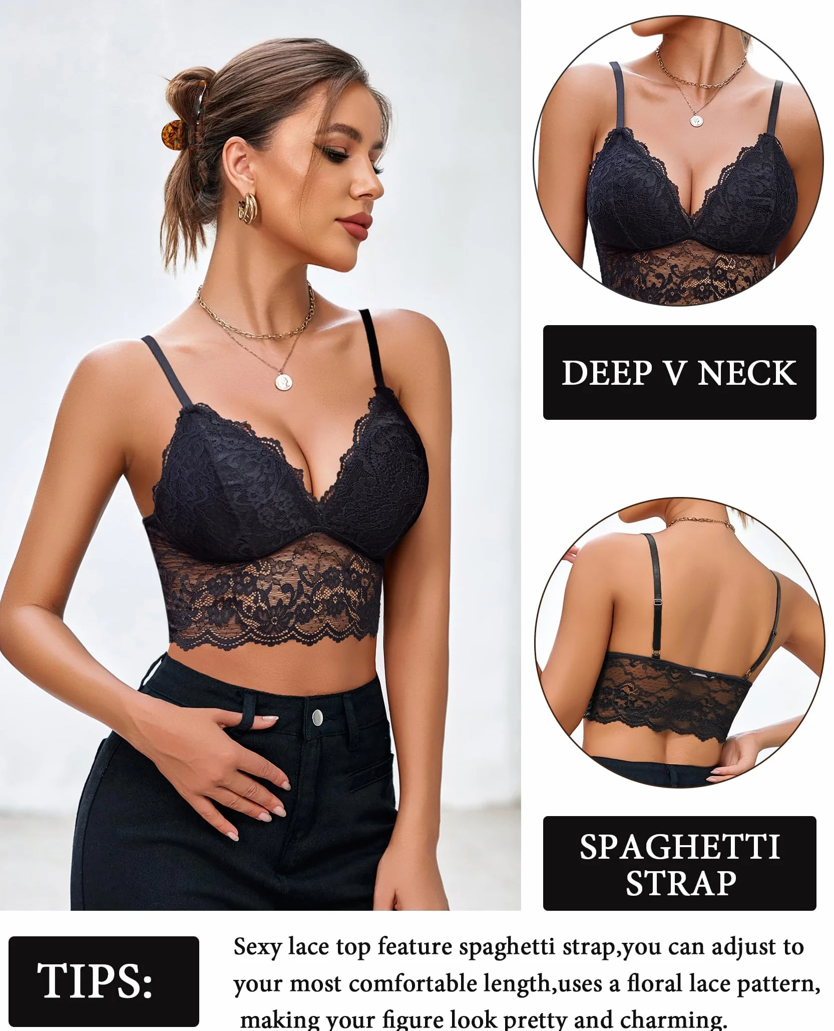 Avidlove Damski tank top koronkowy seksowny krótki top bralette dekolt w serek wycięty tył ramiączka krótki top z koronki