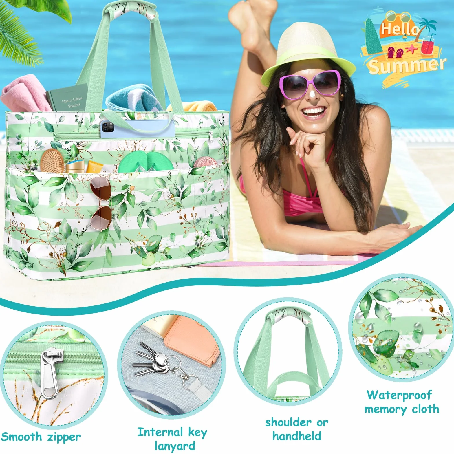 Torba plażowa Duża Torba Plażowa Kobiety XXL Rodzina Wodoodporna Torba Plażowa Składana Zamek Torba Plażowa Wiele Kieszeni Na Plażę, Podróż, Wakacje. 50 l