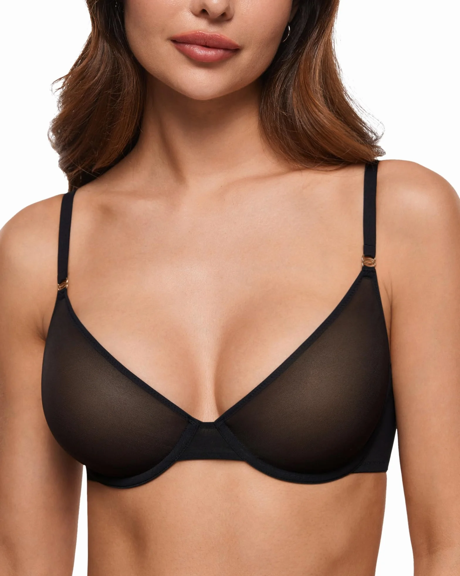 INLYRIC Biustonosz damski Cosnufy Sheer Balconette Demi Unlined Plunge Mesh Transparent Sexy Biustonosze Fiszbiny