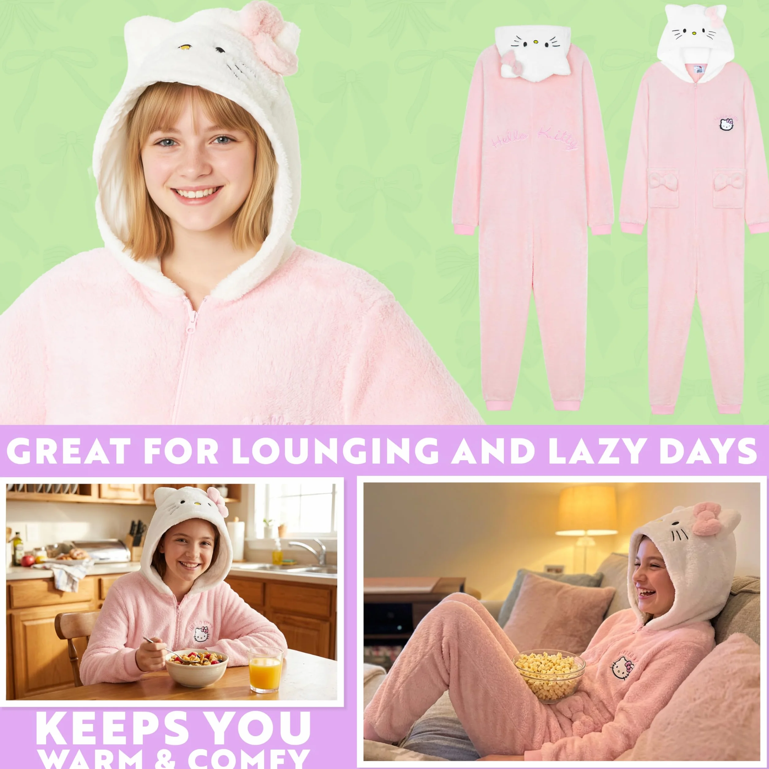 Hello Kitty Sanrio jednoczęściowa piżama dla dziewcząt, nastolatków, kawaii, odzież wypoczynkowa, zapinana na zamek, kombinezon piżamowy, prezenty dla dziewcząt