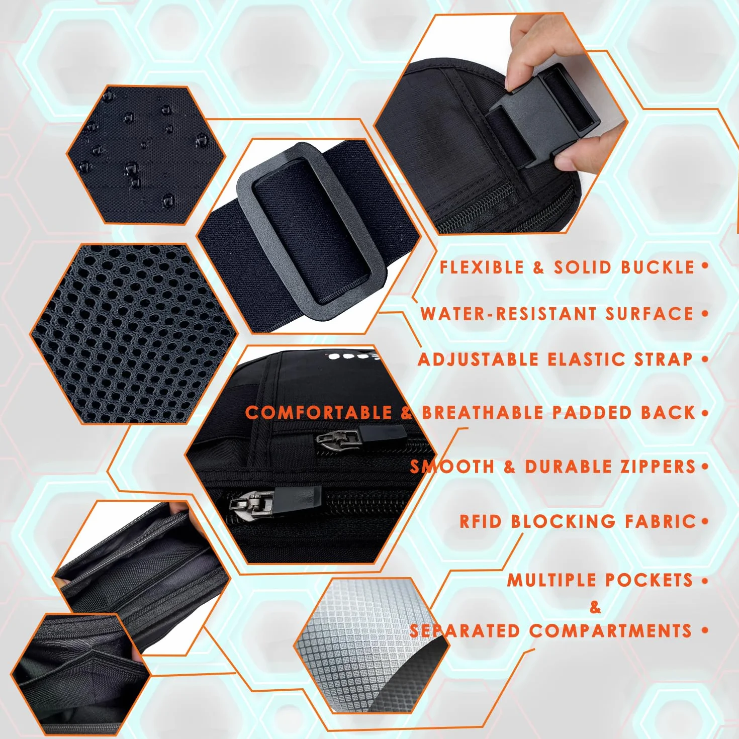 EGOO Ultralekki pasek na pieniądze RFID z regulowanym elastycznym paskiem do podróży, ukryta saszetka na pieniądze z wieloma kieszeniami + 3 etui ochronne na karty RFID, Czarny, Jeden rozmiar,
