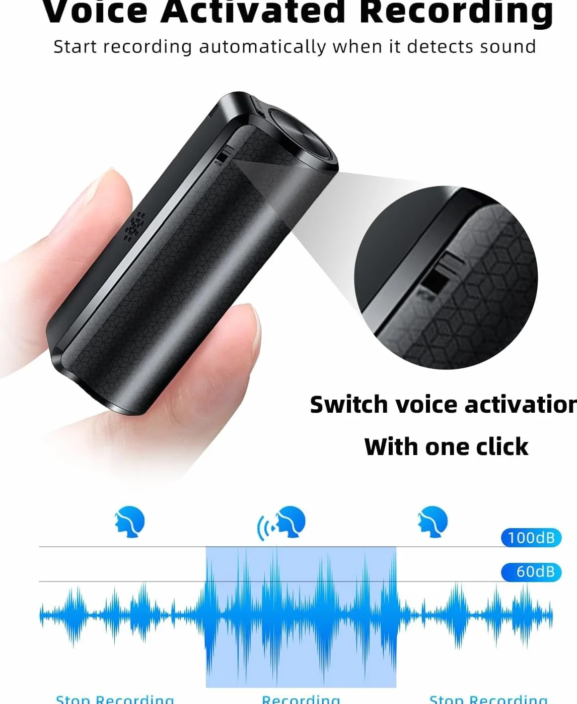 Dyktafon magnetyczny, 128 GB, nagrywarka 30 dni, urządzenie do nagrywania ciągłego nagrywania przez 30 dni, możliwość ponownego ładowania przez USB, nagrywanie jednym dotknięciem, sterowanie głosem