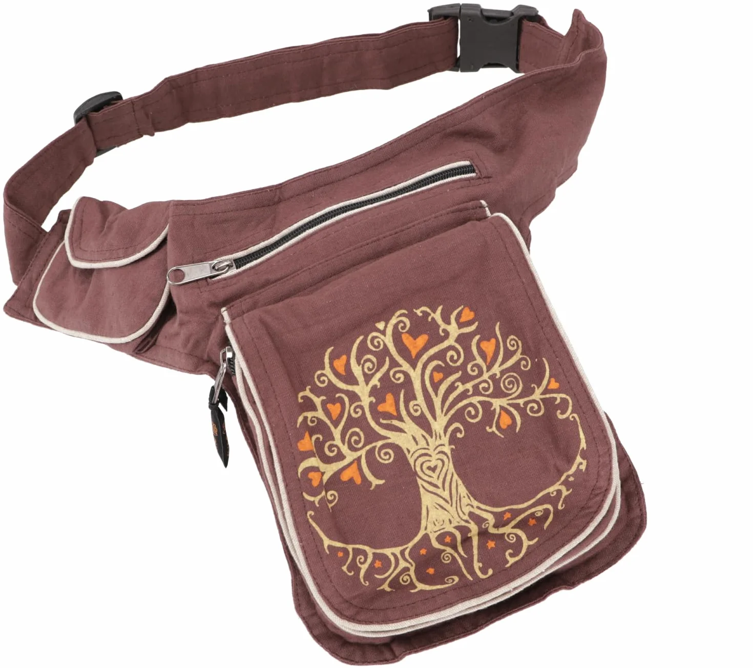 GURU SHOP Tkanina Sidebag & saszetka biodrowa, Goa saszetka na pasek, nerka z Nepalu - Tree of Life brązowa/beżowa, męska/damska, bawełna, 28 x 20 x 4 cm, festiwalowa saszetka nerka hippie, Tree Of