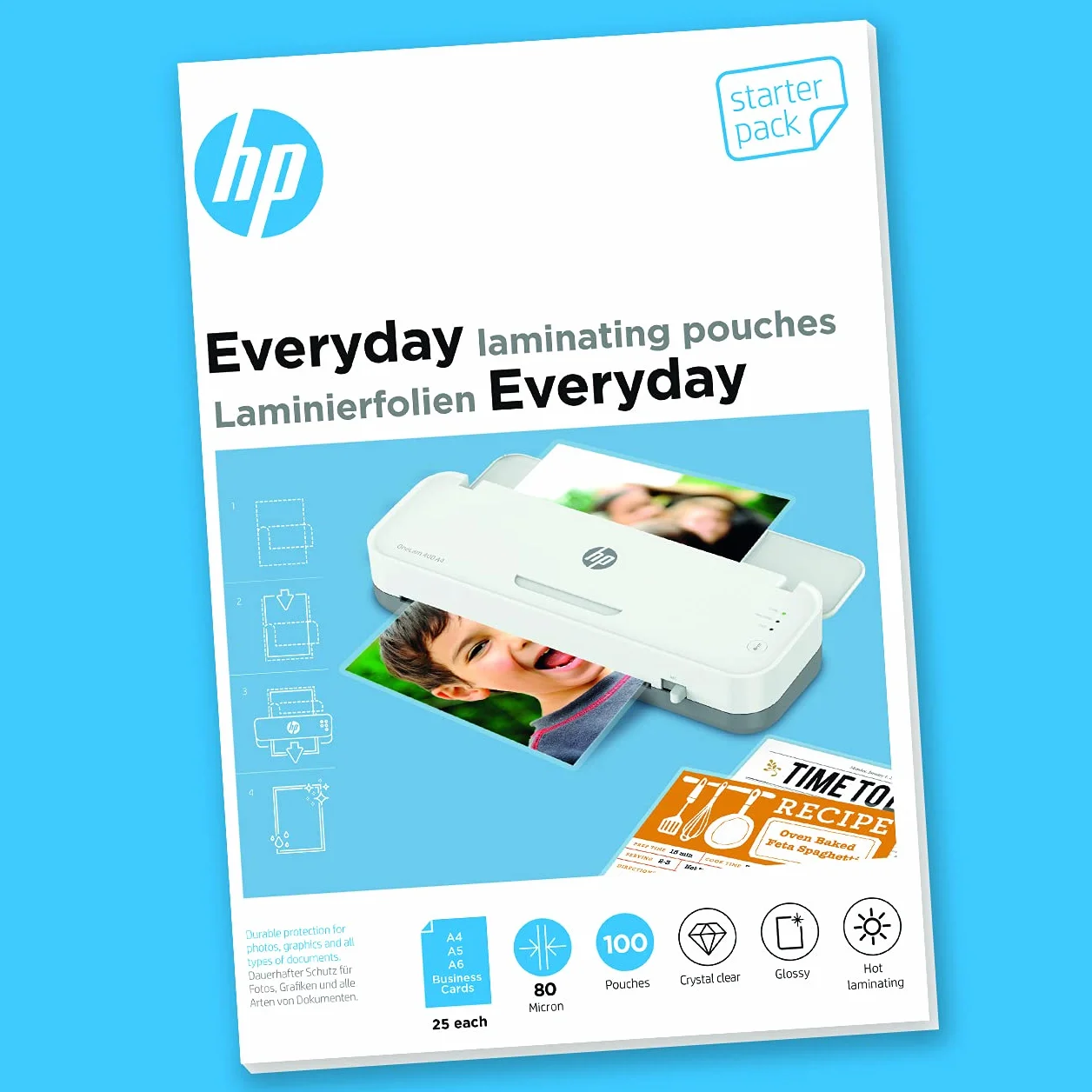 HP Everyday 9158 folie do laminowania, zestaw startowy, 80 mikronów, błyszczące, przezroczyste, do laminowania na gorąco, 100 sztuk