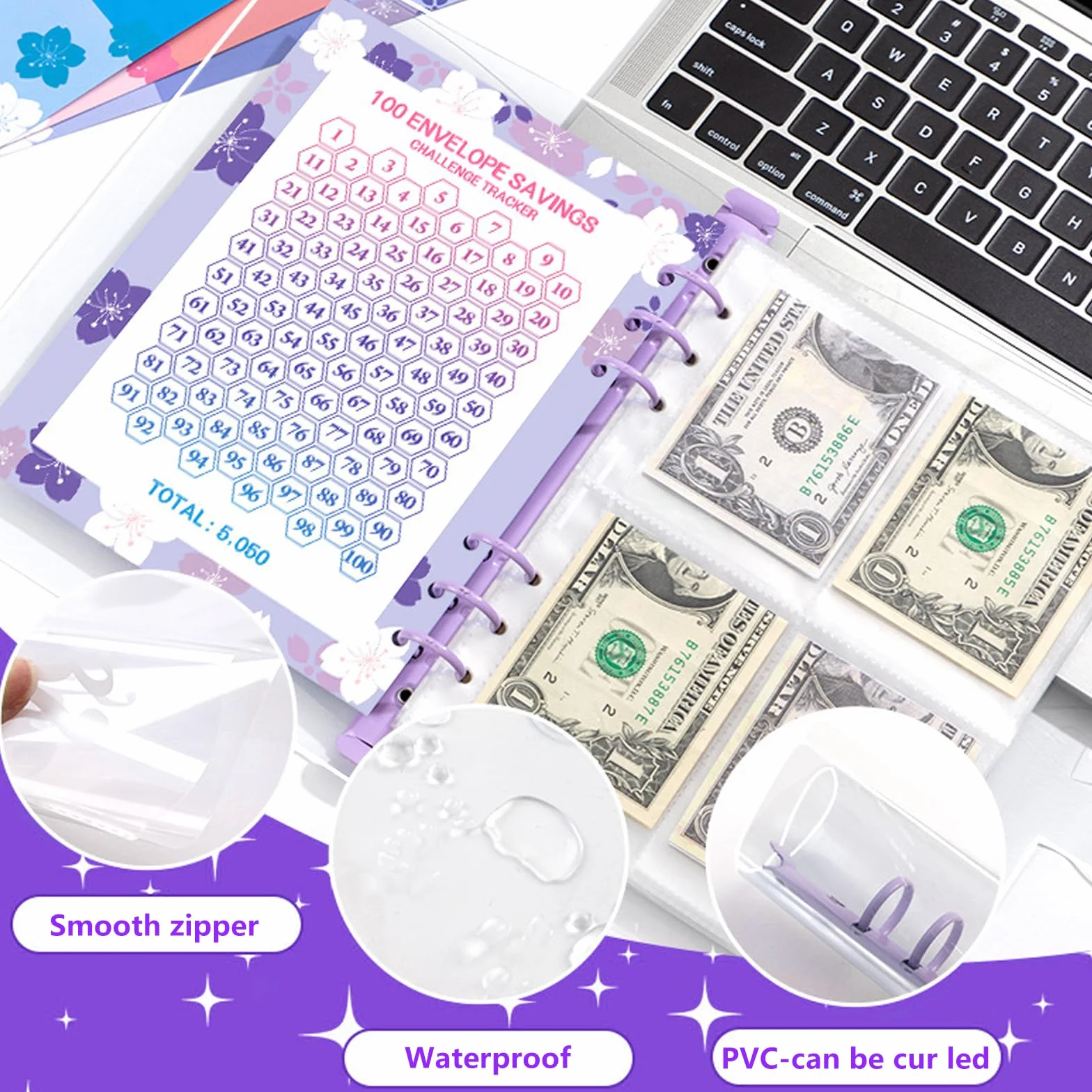 100 Envelope Saving Challenge z 6 markerami tekstowymi z dwiema końcówkami, planer budżetowy A5, segregator z funkcją śledzenia wyzwań, aby opanować wyzwania i zaoszczędzić 50050 $ w ciągu