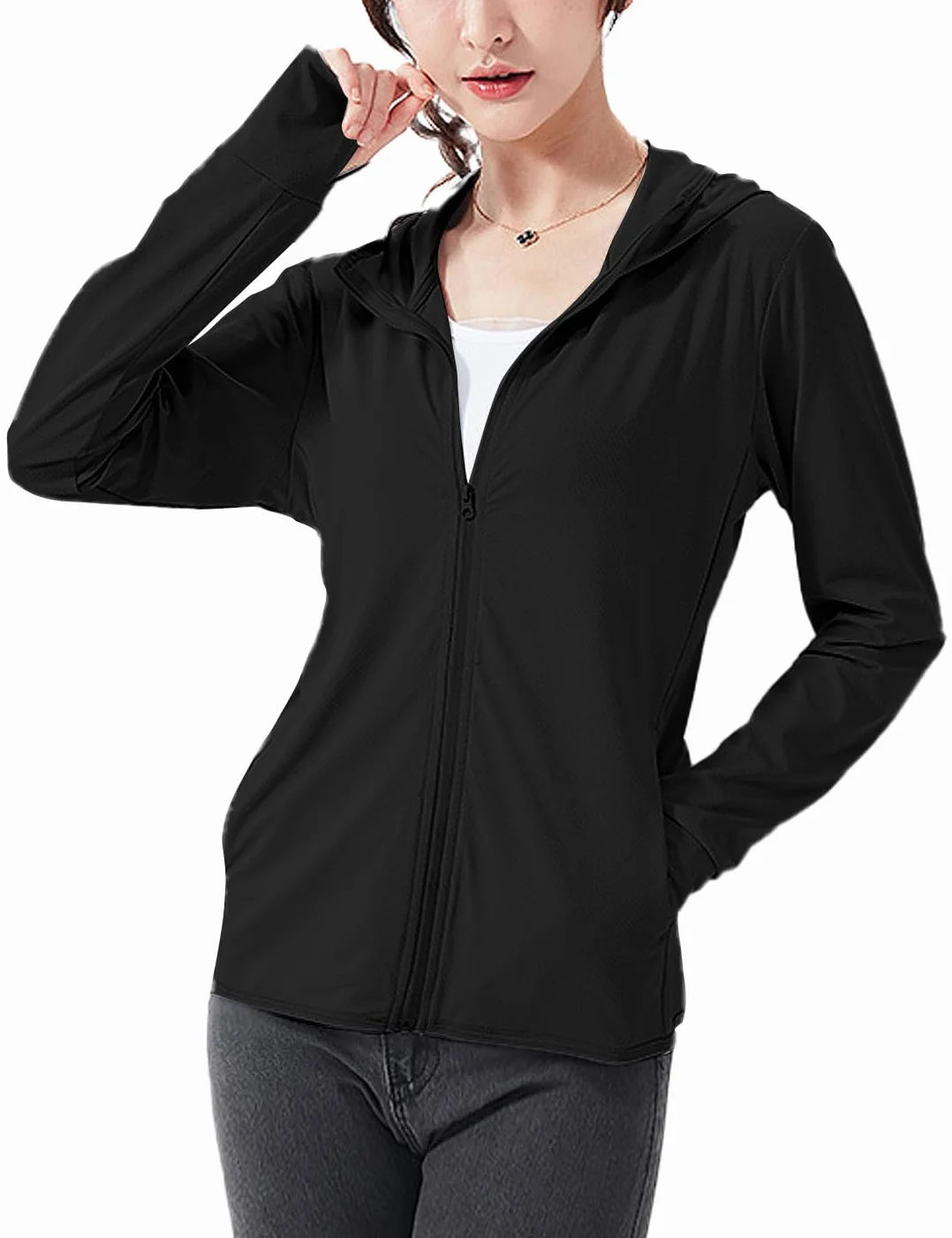 Damska bluza z kapturem UPF 50+, do biegania, lekka kurtka UV, sportowa, cienka, zapinana na zamek błyskawiczny, na wędrówki, z długim rękawem, SPF z otworami na kciuki